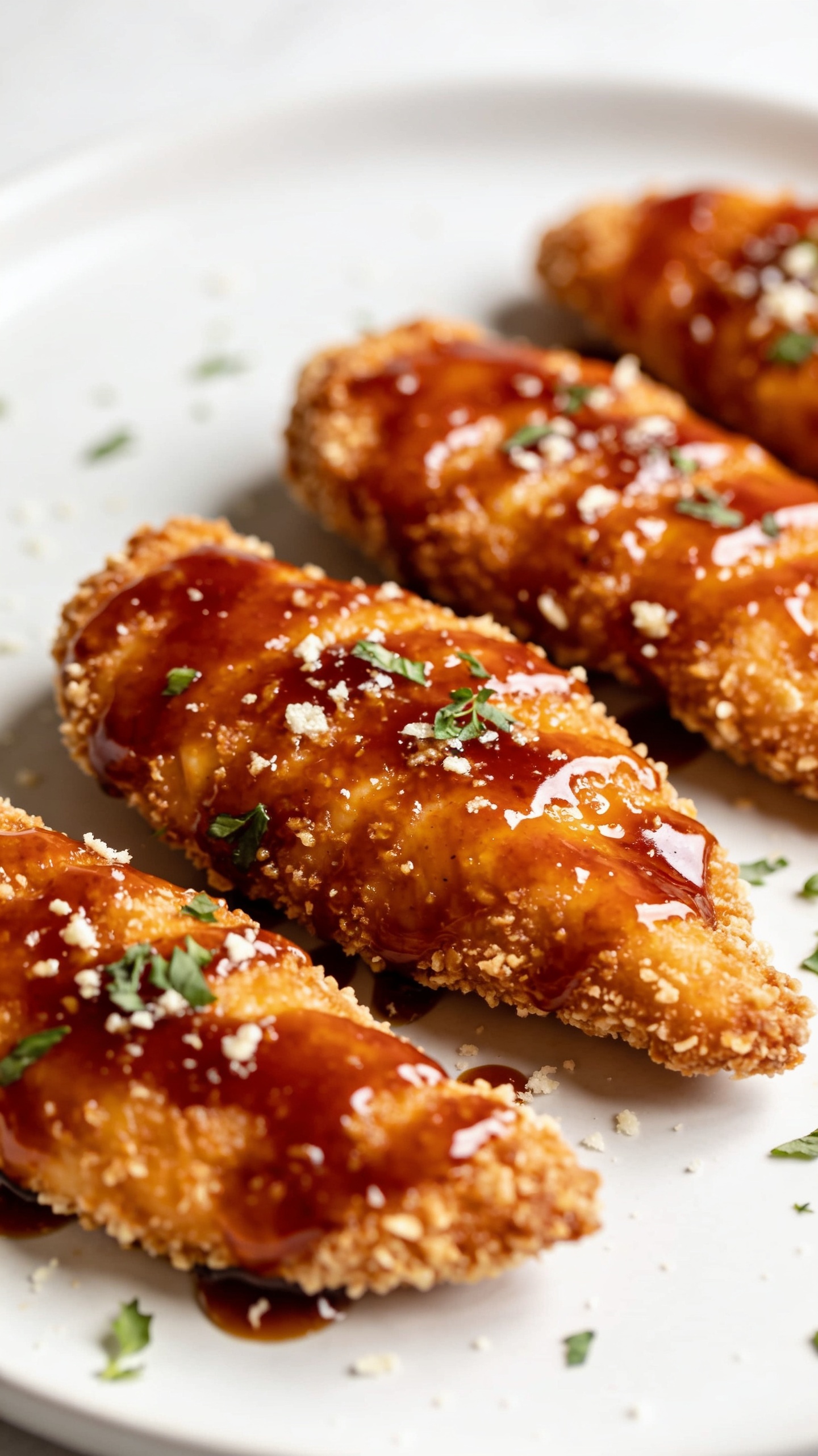 A stunning hero close-up of the finished High Protein Air Fryer Hot Honey Chicken Tenders on a pristine plate, glossy honey-hot glaze perfectly coating each tender, crispy breadcrumb edges glistening, Parmesan specks visible, fresh herbs sprinkled, natural bright light, ultra shallow depth of field, food occupying 90–95% of frame, no people or hands, photographic style of premium food blogging.