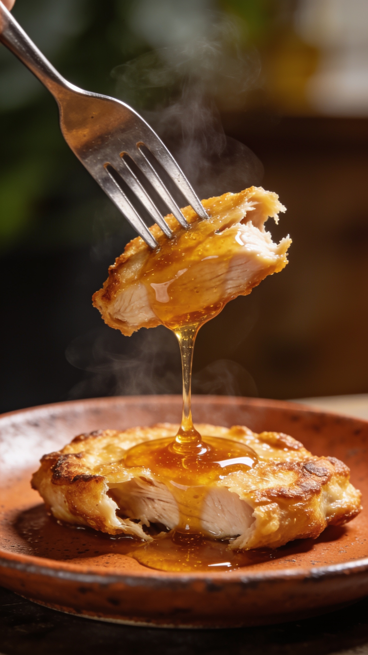 A dynamic close-up action shot as a fork lifts the perfect bite: a single tender torn from the plate, glossy hot honey glaze dripping slowly, crisp crust visible, steam barely rising, rust-colored plate beneath, shallow depth of field blurring the background, bright natural lighting, food as the sole focus with no hands in frame.