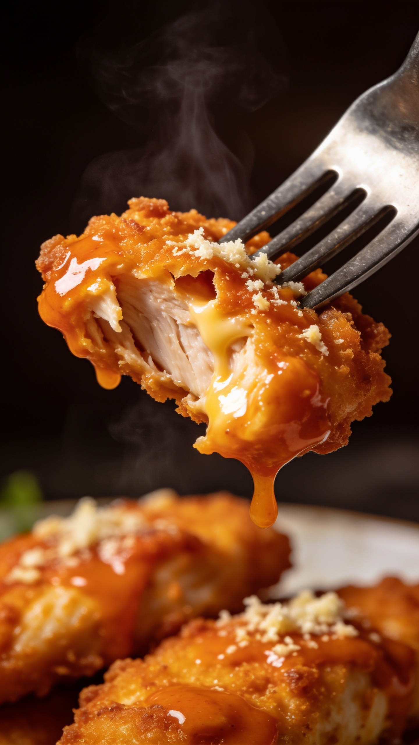 A dynamic mouth-watering moment: a fork is lifting a perfect bite of the buffalo chicken tender, the crisp crust breaking slightly to reveal juicy meat inside, buffalo glaze cascading down the sides, a hint of melted Parmesan catching the light, steam just starting to rise, ultra-close-up, shallow depth of field, no hands or people, 90–95% food fill, premium food-blog styling.