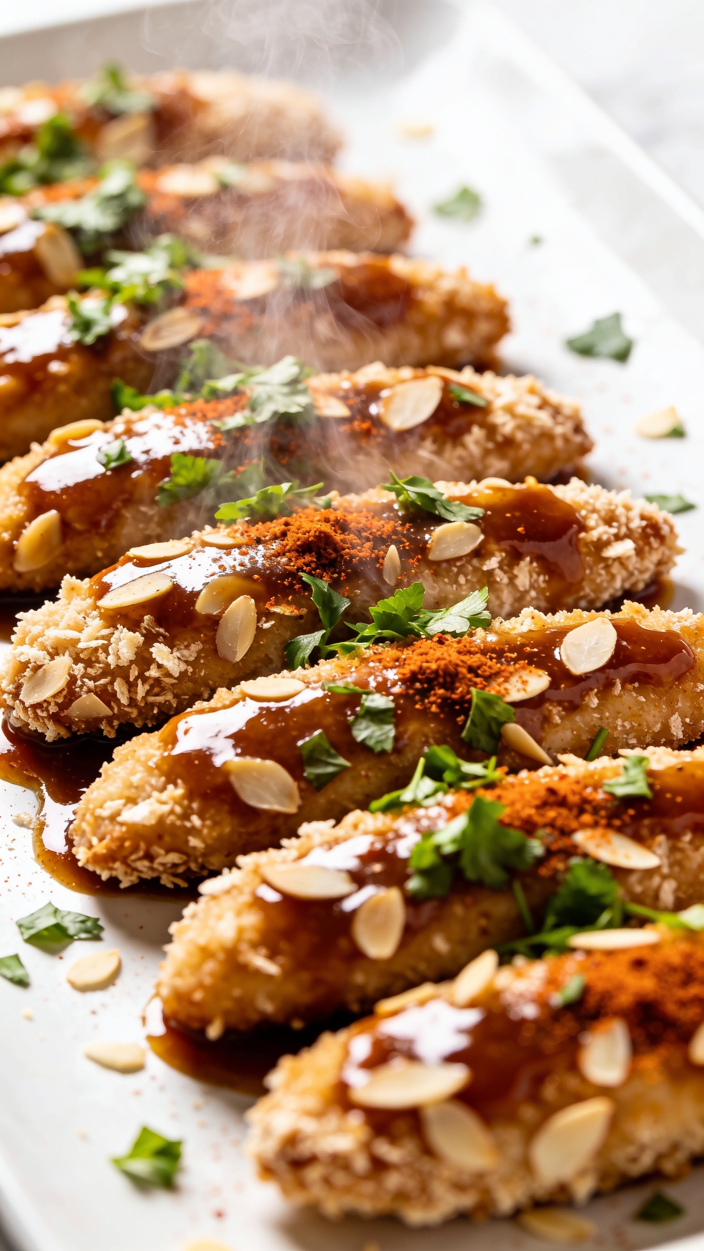 Close-up from a slightly angled top-down view: the finished tenders arranged in a neat row with glossy sauce coating, steam wisps rising, fresh chopped parsley and a sprinkle of paprika on top, flaky almond flour crust shimmering, vibrant colors and rich textures emphasized, bright natural lighting, shallow depth of field, no text, 90–95% food fill.