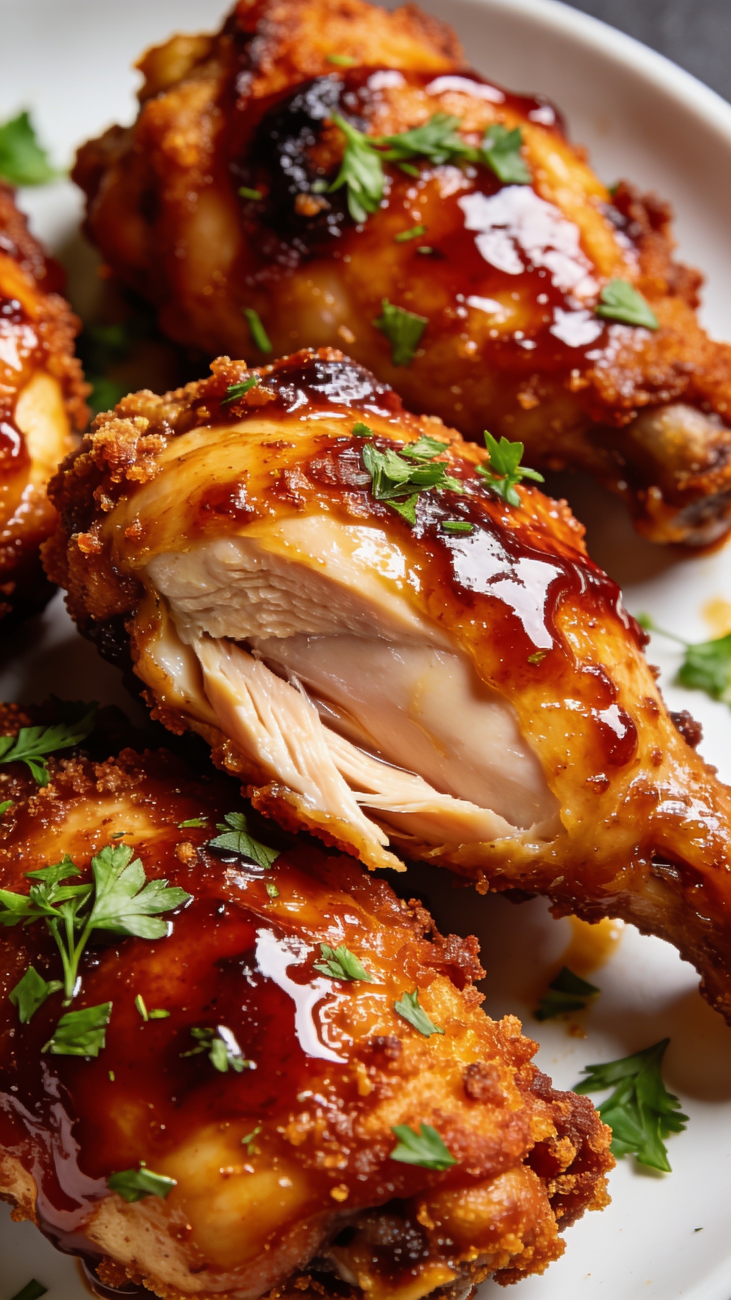 A pair of ultra-close, magazine-cover style shots of the finished dish from two angles: (a) a top-down angle showing the full glossy glaze, crispy coating, and fresh herbs scattered over the plate; (b) a slight 45-degree angle focusing on the moist interior of a chicken piece with a thin glaze sheen, both with vivid color, high contrast, shallow depth of field, natural light, no text, food dominating the frame.