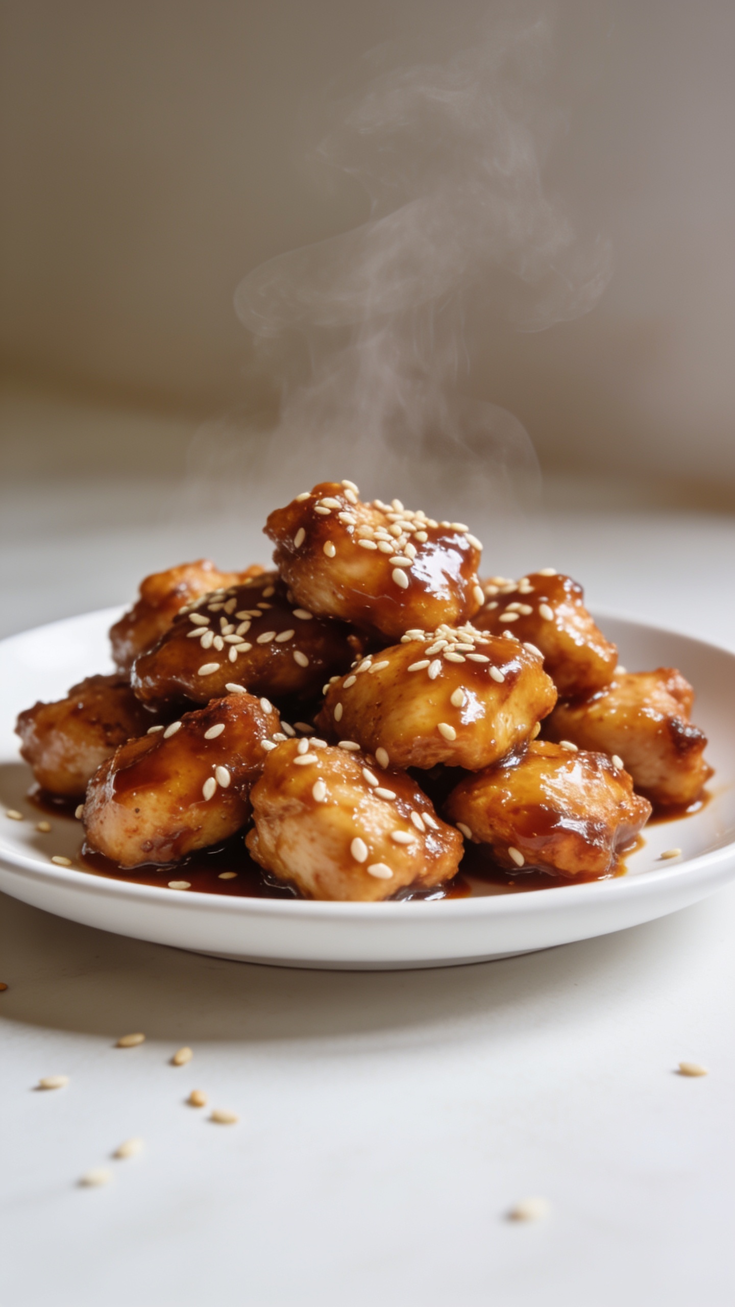 A stunning hero image of the finished High Protein Air Fryer Honey Sesame Chicken on a pristine white plate, glossy honey-soy sesame glaze clinging to perfectly crisped chicken bites, sesame seeds scattered, steam rising gently, vibrant colors, warm natural light, shallow depth of field, no text, camera close-up, the plate centered with a clean background.