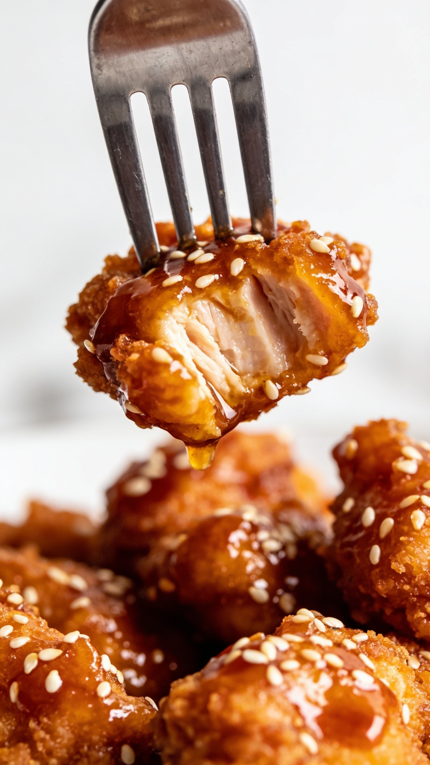 A close-up action shot capturing the moment a fork lifts the perfect bite of crispy honey sesame chicken, glossy glaze dripping slightly from the bite, sesame seeds on the surface, shallow depth of field, bright natural lighting, macro detail of crispy crust and juicy interior, no hands or faces visible, food filling 90–95% of frame.