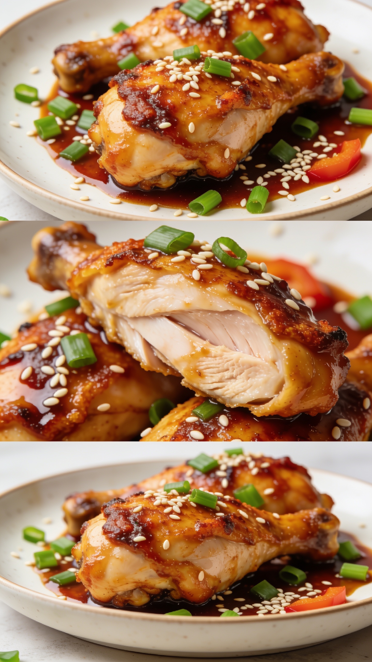 A trio of ultra-close-up shots of the finished chicken from different angles (top-down, slight angle, and side close-up) emphasizing juicy textures, crispy edges, and glossy sauce; the plate shows sesame seeds, green onions, and vibrant colors, bright natural lighting, shallow depth of field, rich textures, professional food-blog styling, all images depicting the same finished dish with no text.