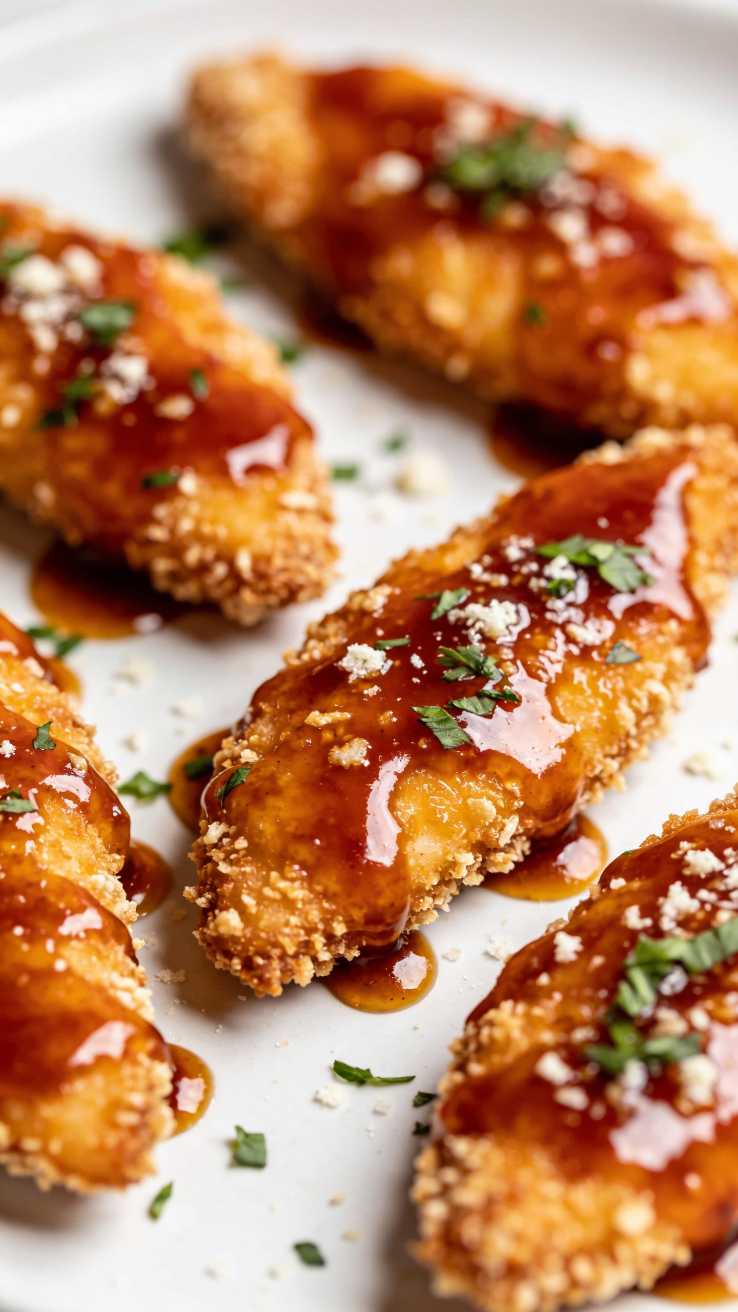 Close-up, two-step, ultra-close montage-style shot of the same finished tenders: first angle from the side showing crispy edges and juicy interior, second angle from a slight top-down view with a sprinkle of sesame seeds and chopped herbs, vibrant colors, glossy glaze, soft bokeh background, natural daylight, 90–95% food fill, no text or people.