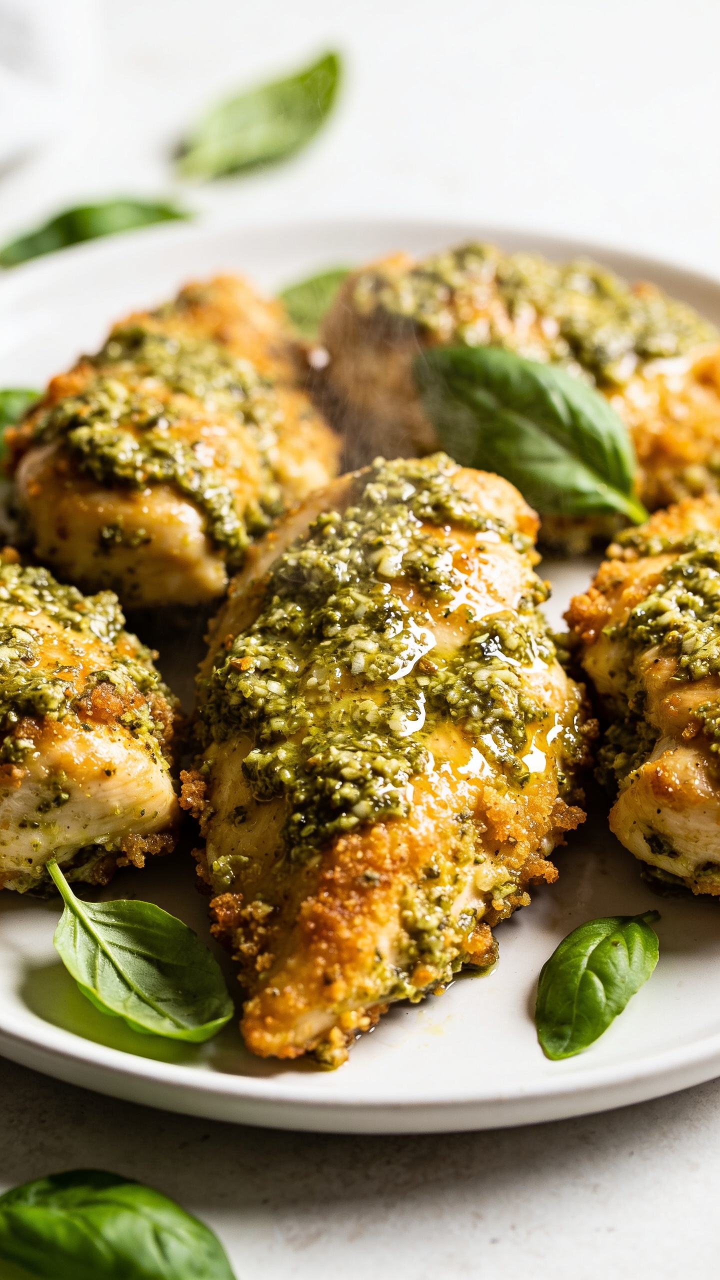 A trio close-up close-angle of the finished dish from a slightly lower angle, emphasis on textures: crispy edges, melted cheese bubbling at the surface, glossy pesto coating, tiny parmesan shavings and fresh herbs dusted on top, shallow depth of field with the edges of the plate softly blurred, vibrant colors and premium food-blog styling, natural lighting.