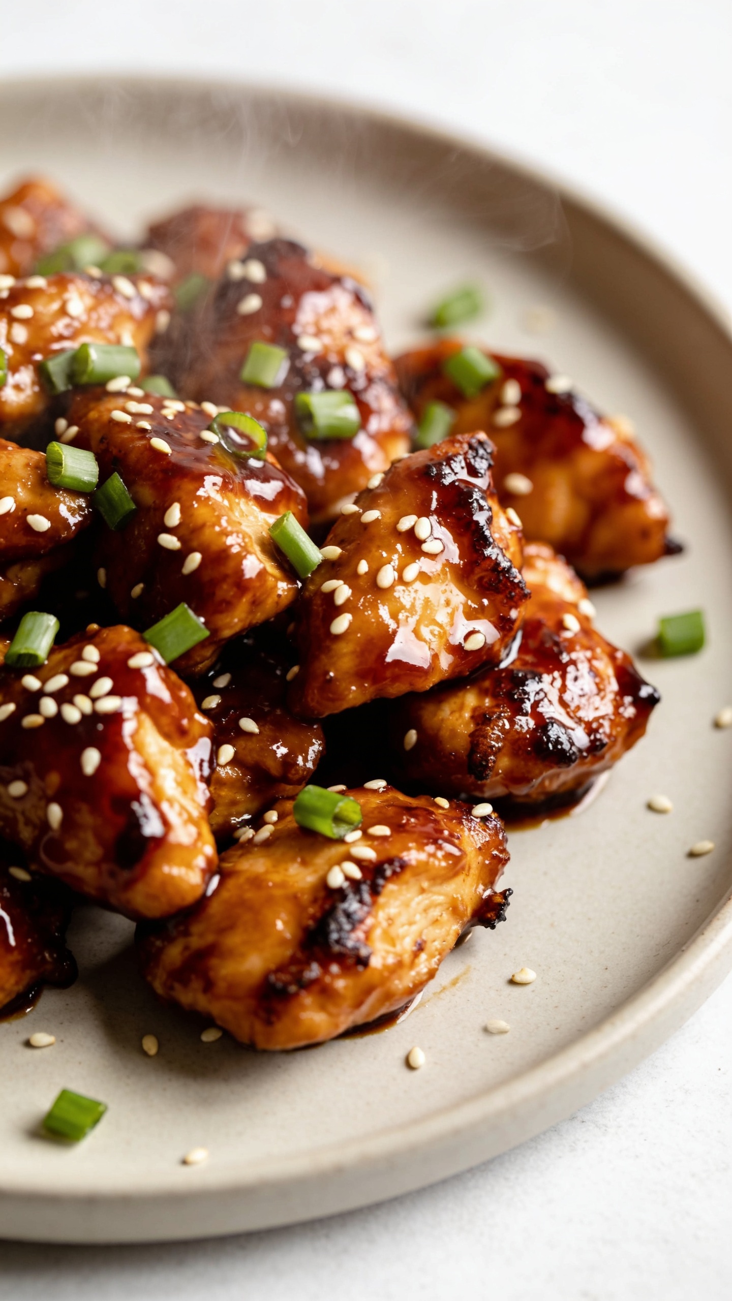 A set of two extreme close-ups from a different angle: one emphasizing crispy edges and caramelization with sauce pooling around the bite, and the other focusing on a glistening, sesame-studded surface with fresh herbs falling onto the dish. Both shots are ultra close, 90–95% food, bright natural light, shallow depth of field, premium food-blog styling, no text, no people.