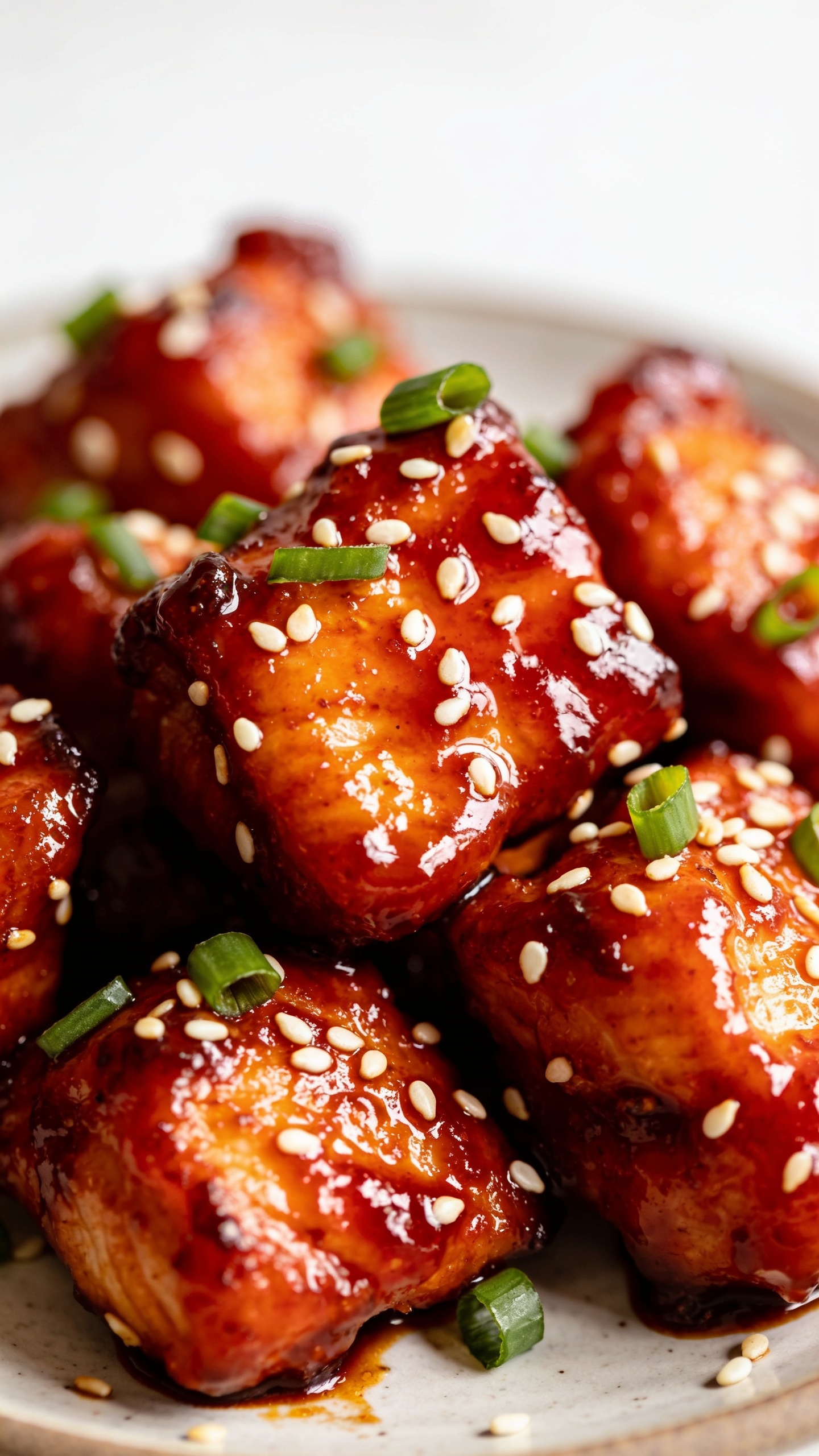 Three tightly cropped close-ups of the finished dish from different angles in a premium food-blog style: 1) from above to emphasize crispy edges and glaze, 2) a slightly angled side view to show juicy interior and gloss, 3) an ultra close-up on the surface with sauce beads and sesame seeds; all with vibrant colors, glossy textures, and bright natural lighting, food filling 90–95% of the frame, no people or utensils other than the visible but non-intrusive element in the scene.