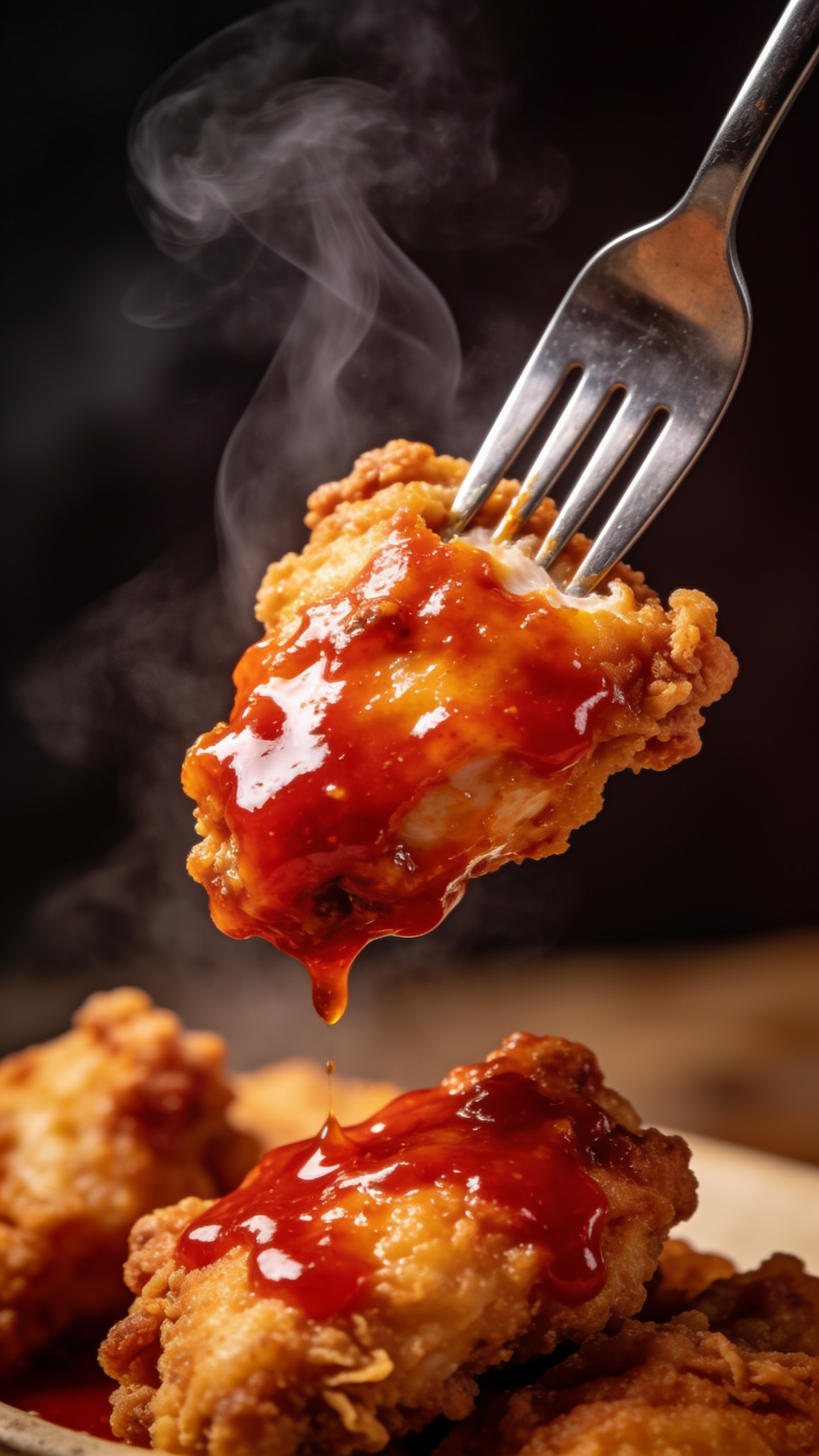 A dynamic close-up action shotâthe moment just before a perfect biteâglossy Nashville hot glaze captured as it clings and drips from a crispy chicken thigh, a fork tip poised to lift the bite, steam curling, rich textures and crispy crust in sharp focus, the rest softly blurred, natural light, no hands or faces.