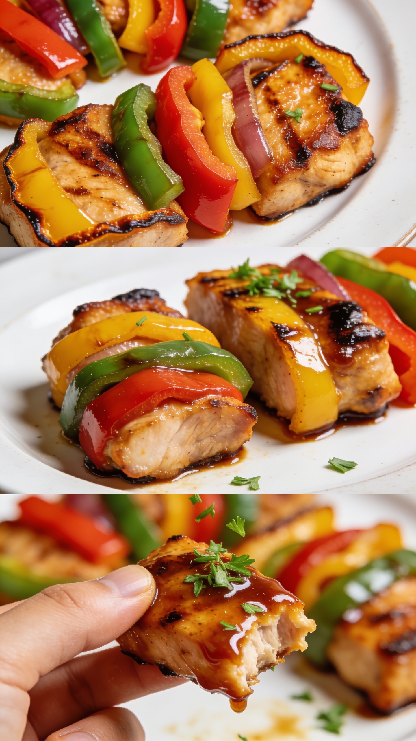 Close-up trio of the finished recipe from three angles: (a) a top-down view showing the crisp edges and colorful peppers, (b) a side-angle highlighting the succulent interior and slight char, and (c) a macro shot of a single bite with glossy sauce coating and fresh herbs sprinkling onto the dish; all shots feature vibrant colors, high gloss, and premium food-blog styling, 90â95% of frame filled with food, bright natural light, shallow depth of field, no text.