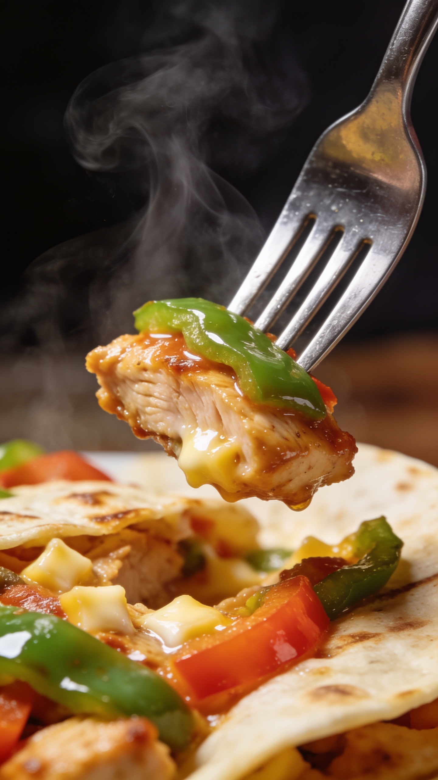 A dynamic close-up action shot capturing the moment a fork lifts the perfect bite of the finished dish, the fork piercing a juicy chicken fajita bite with a glossy pepper topping, bytes of melted cheese just barely visible, steam curling from the surface, bright natural lighting, shallow depth of field, the focus on texture and moisture as the bite is about to be brought toward the mouth, no hands shown.