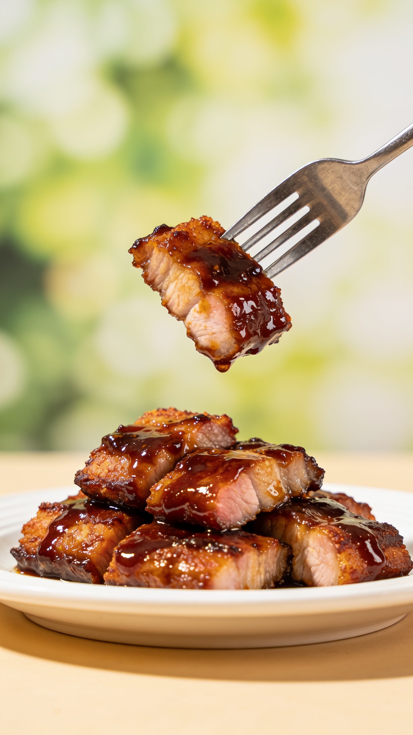 A dynamic close-up action shot capturing a single perfect bite mid-lork as a fork lifts it from the plate; glossy BBQ glaze clinging to each piece, crispy exterior visible, succulent interior just hinted, a soft bokeh background, natural light highlights, 90-95% food fill, no hands in frame.