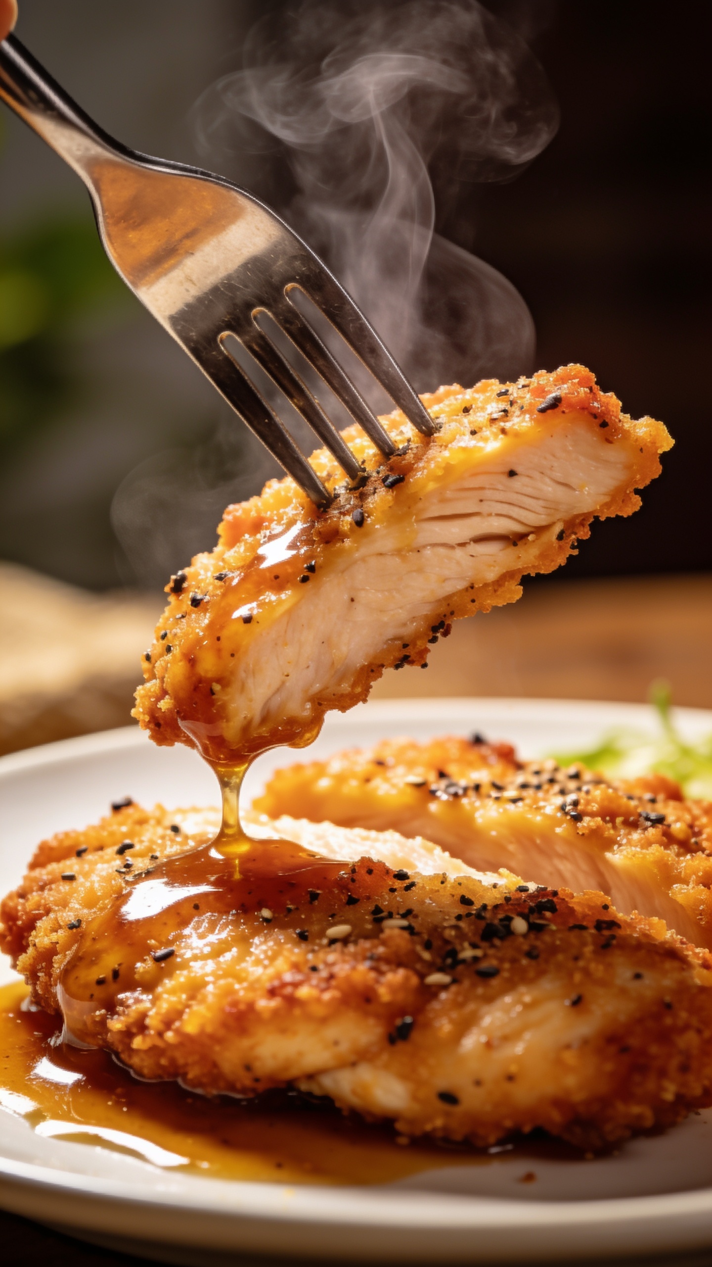 A dynamic action close-up capturing the moment just before a bite: a fork lifts a perfectly crispy, lemon-pepper coated chicken cutlet from the plate, juice and glaze catching the light, steam curling, focus tight on texture, shallow depth of field, 90–95% food frame, no hands or faces, bright natural lighting.