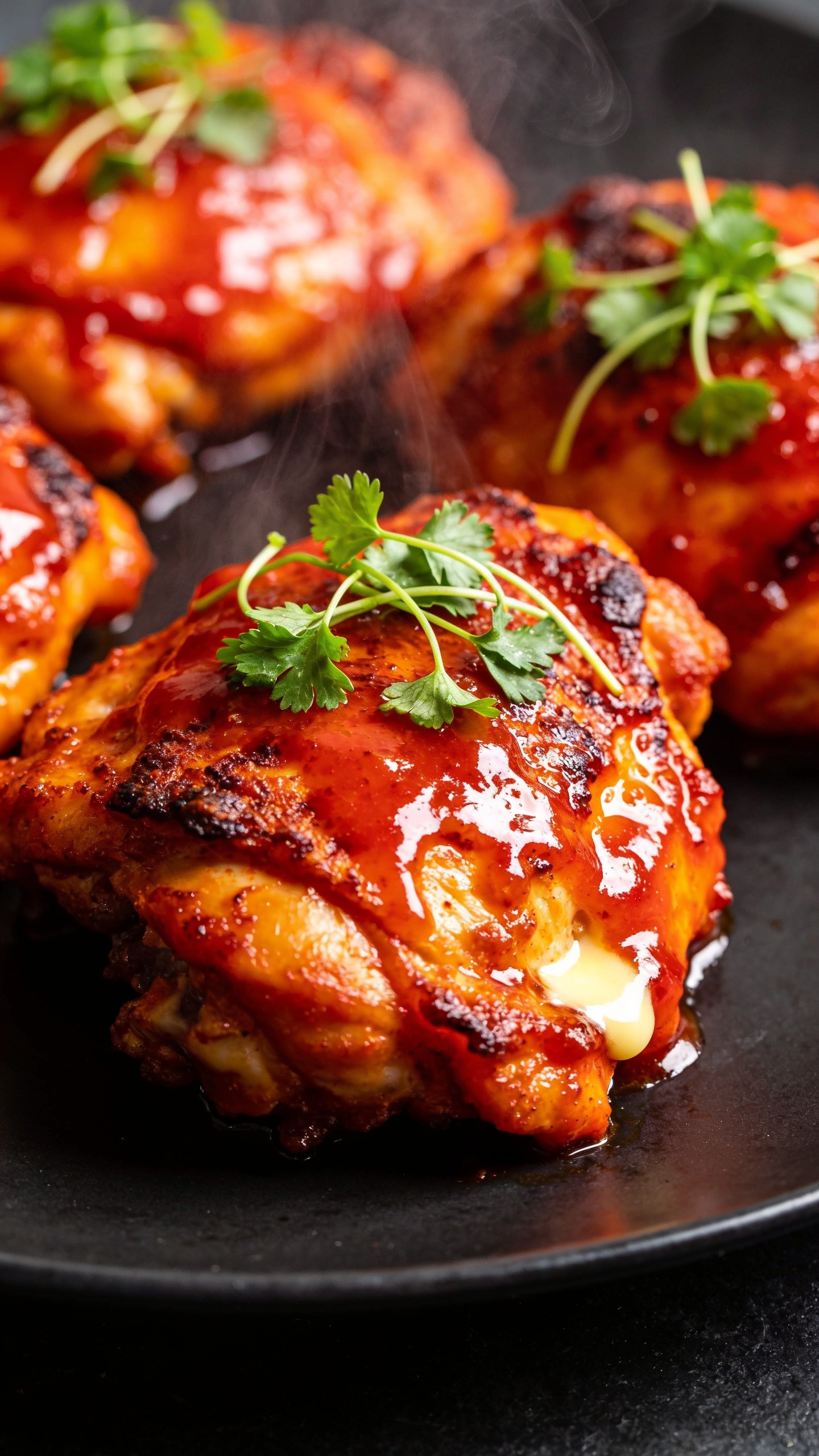 A stunning hero close-up of the finished High Protein Buffalo Chicken Thighs plated on a sleek dark surface, glossy buffalo glaze clinging to crispy, caramelized skin, steam faintly rising, vibrant red-orange sheen, melted butter highlights, fresh parsley microgreens sprinkled on top, no utensils in frame, lighting: bright natural, shallow depth of field, the dish dominating 90-95% of the frame.