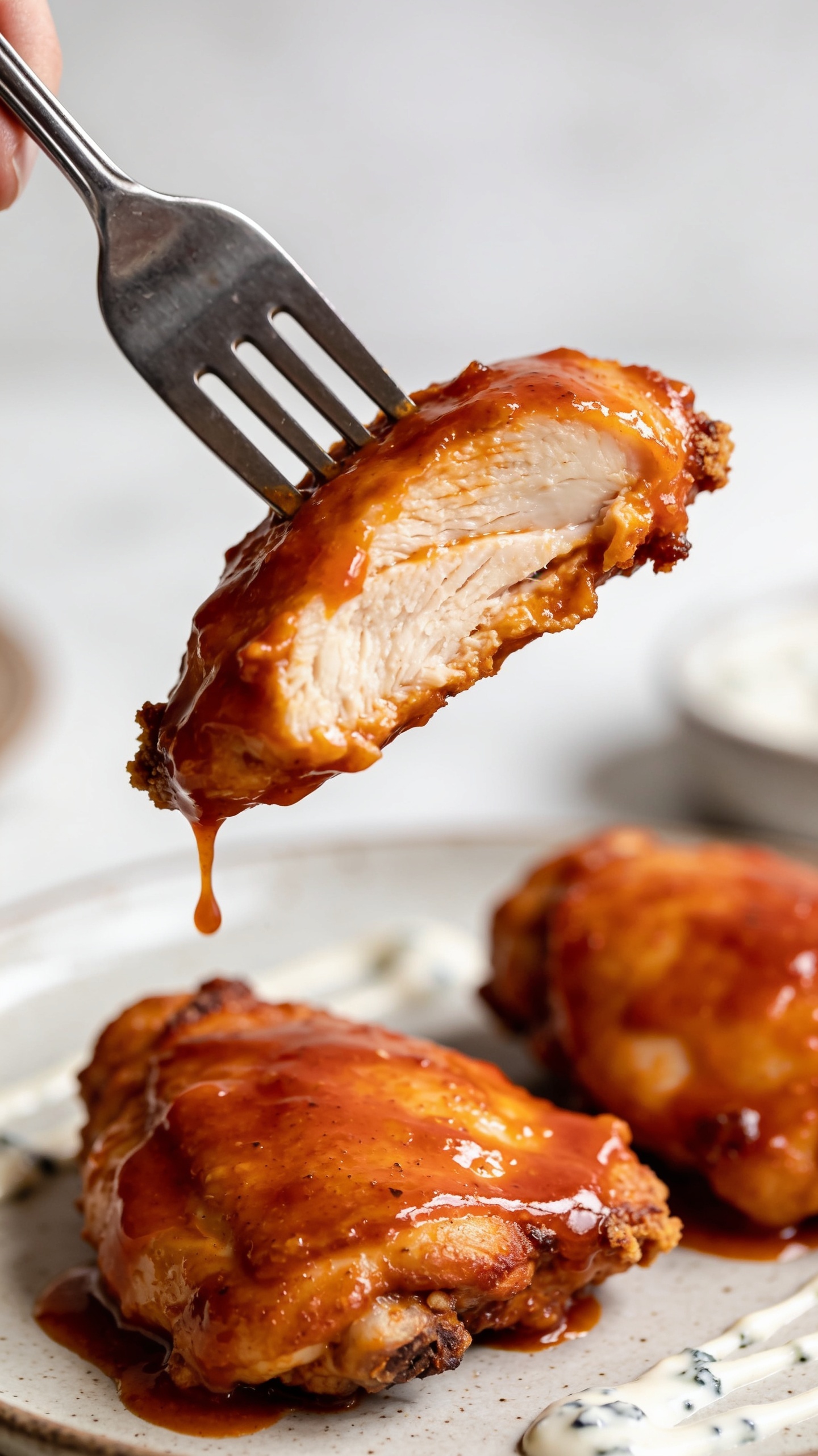 A dynamic one-second-before bite moment: a fork lifts a perfect juicy buffalo-glazed chicken thigh from the plate, sauce glistening and slightly cascading from the bite, crisp edges visible, plate textures and a hint of ranch or blue cheese drizzle in the background, none of the eater visible, bright natural light, shallow depth of field, close-up occupying 90-95% of the frame.
