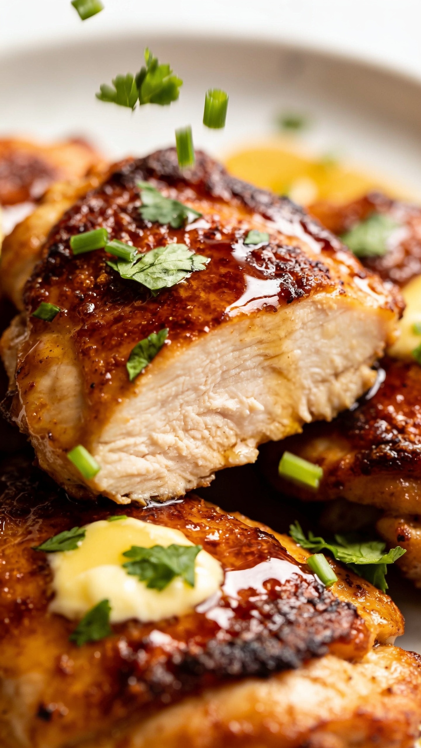 A ultra-close premium shot from a slightly angled top-down perspective: the finished chicken thigh slice reveals juicy interior through a crisp, lacquered crust, glossy sauce coating, melted butter sheen on surface, fresh chopped parsley and green onions lightly falling onto the dish, vibrant colors, rich textures,  extreme close-up with shallow depth of field and bright natural lighting.