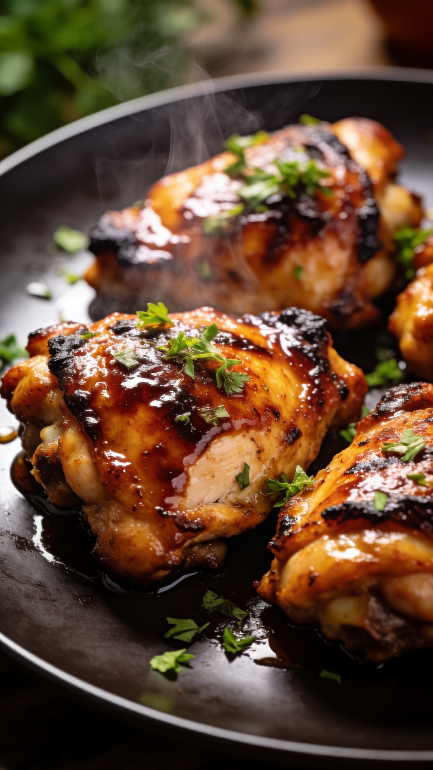 A stunning hero image of the finished High Protein BBQ Chicken Thighs plated on a sleek dark platter, glossy smoky glaze clinging to crispy skin, steam faintly rising, vibrant herbs sprinkled, bright natural light, ultra close-up showing juicy moisture and charred edges, shallow depth of field, the plate filling 90â95% of the frame, no text, no people.