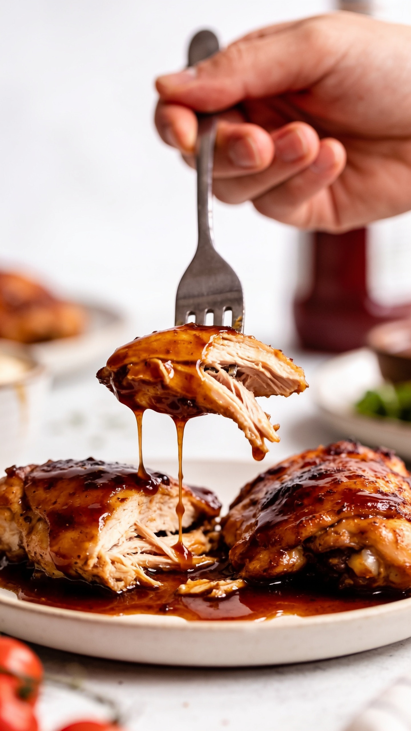 A dynamic close-up action shot: a fork lifting the perfect bite of the finished chicken thighs with tender meat and glossy barbecue sauce streaming down, plate centered, rich textures and colors, bright natural lighting, shallow depth of field, hands and other elements out of frame, food occupying 90â95% of the frame, no text.
