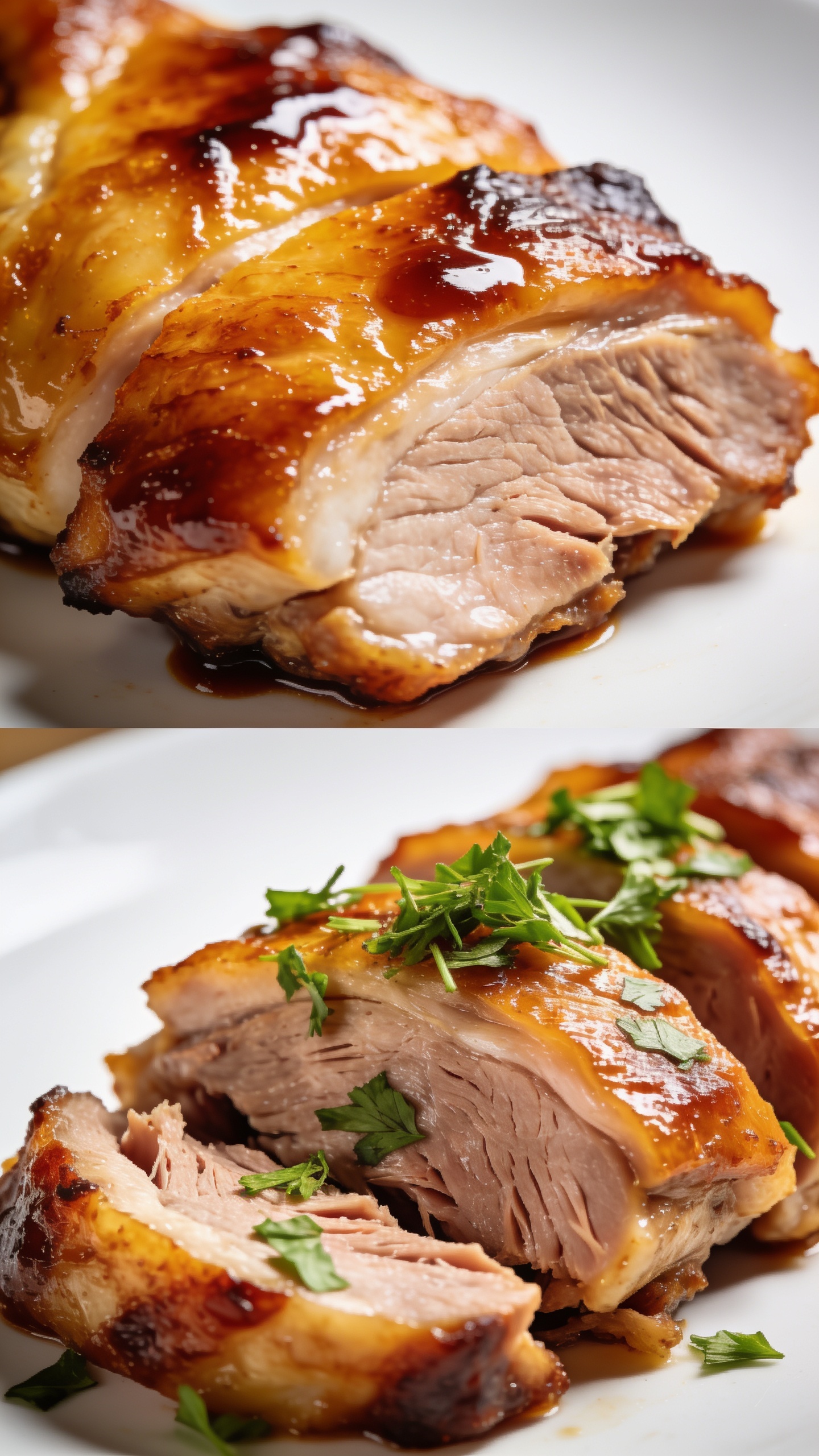 A series of ultra-close, secondary angle shots of the finished dish: one from a slight top-down angle focusing on crispy skin and sauce glaze, another at a 45-degree angle highlighting juiciness and herbs, both with premium food-blog styling, bright natural light, shallow depth of field, vibrant colors, 90â95% food fill, no text.