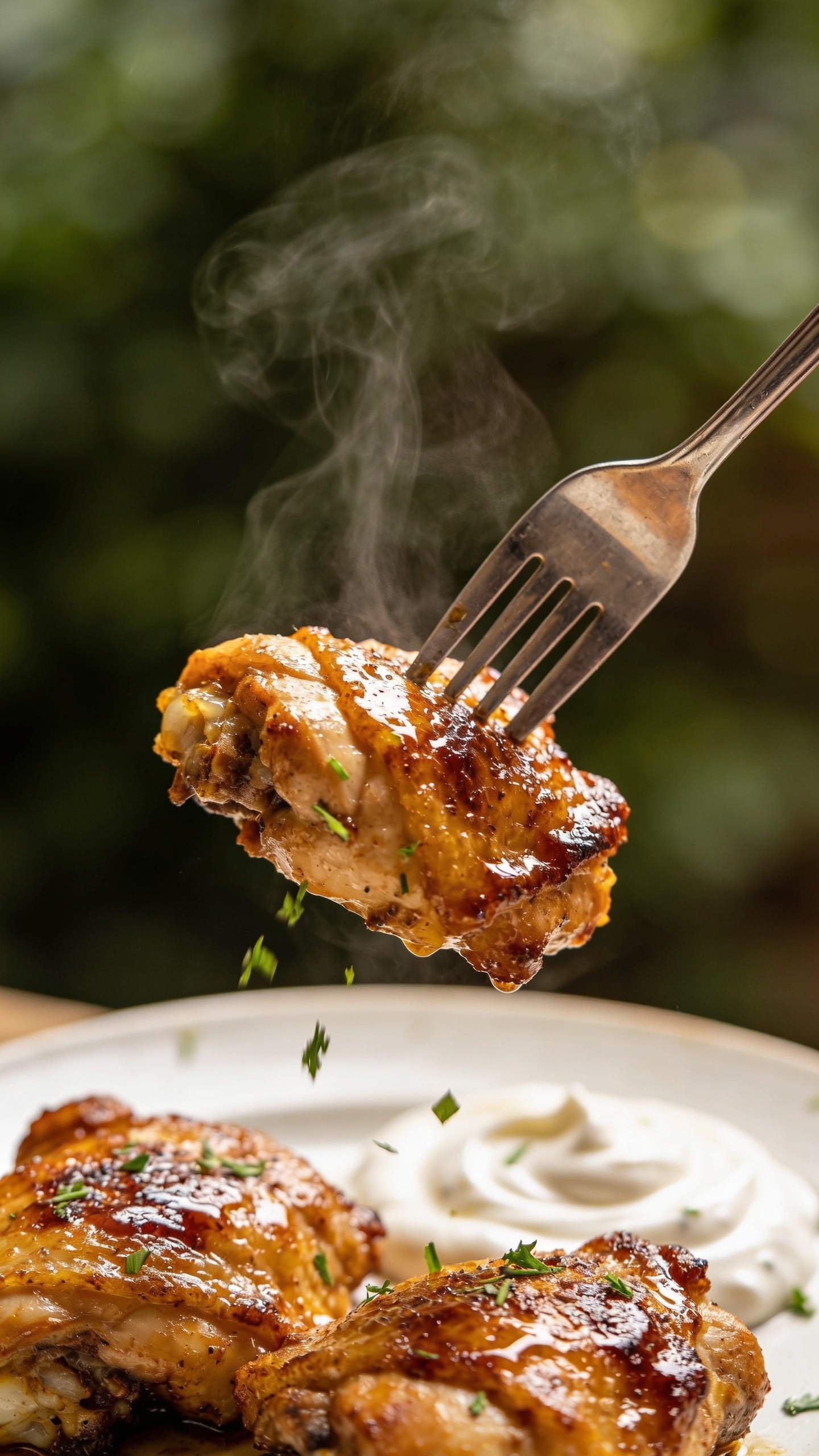A dynamic, mouthwatering action shot: a fork is lifting the perfect bite of the finished chicken thighs, steam wisps curling, glossy glaze clinging to the crispy skin, herbs gently falling onto the plate, ultra-close-up with a creamy yogurt swirl visible in the background, natural daylight, bokeh background, no hands.