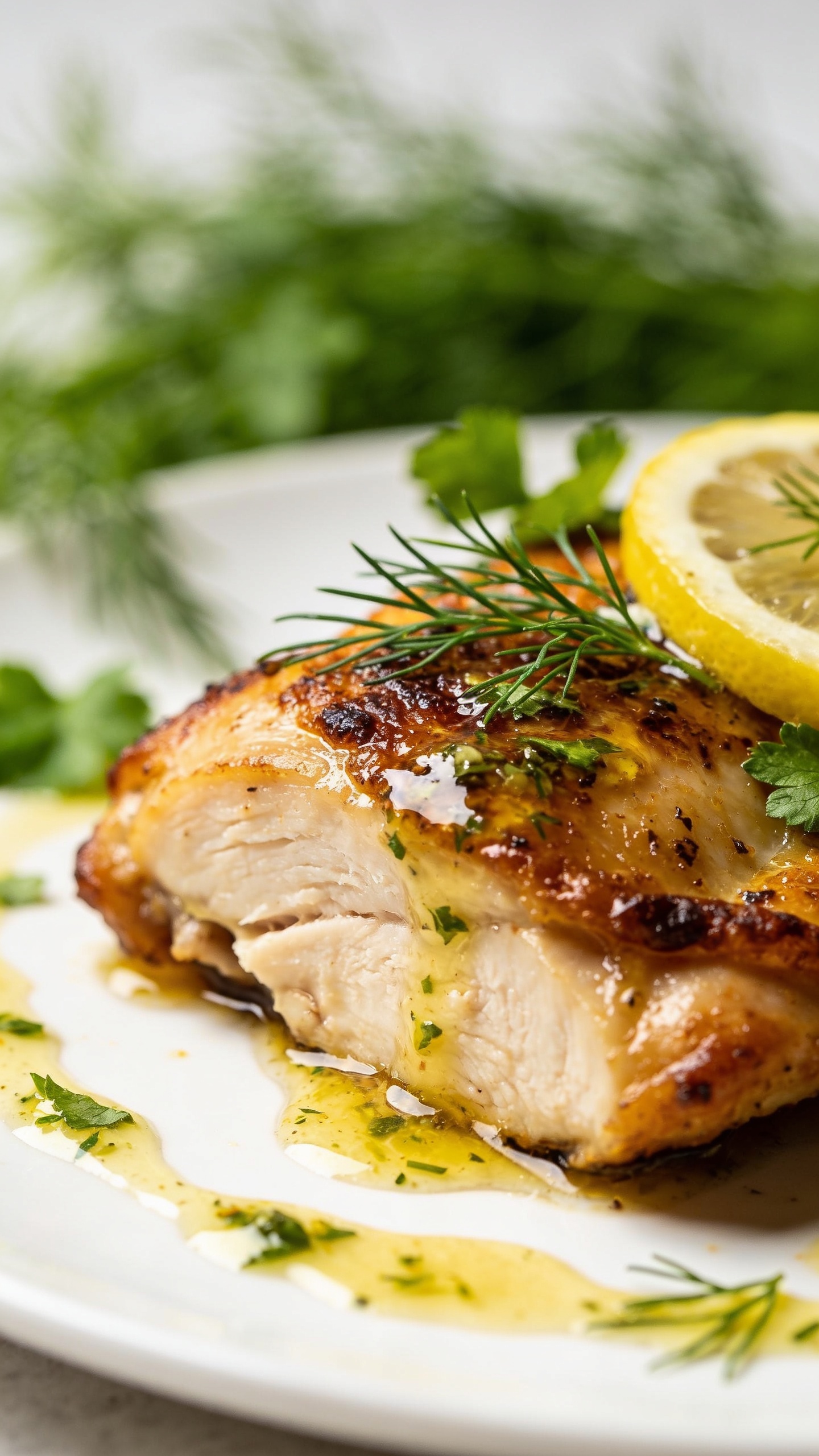 Ultra-close-up close crop from a slightly angled side view: the finished chicken thigh edge showing juicy interior and crisp skin, a drizzle of lemon-herb glaze cascading over the plate, fresh dill and parsley accents, rich textures, bright natural light, shallow depth of field, the dish dominating the frame without any utensils or hands.