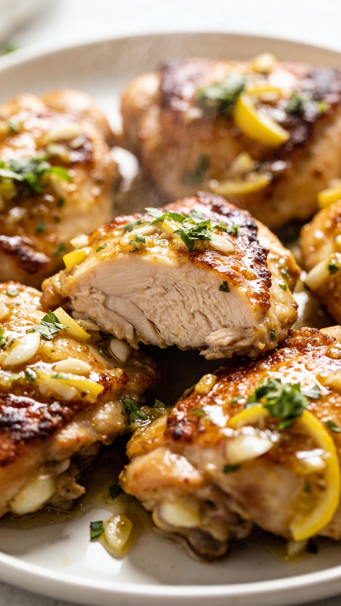 A stunning hero close-up of the finished High Protein Lemon Garlic Chicken Thighs on a pristine plate, skin glistening with lemon-garlic glaze, vibrant herbs sprinkled overhead, steam barely wafting, bright natural light, ultra-crisp edges and juicy interior visible, plate centered, soft neutral background, no text.