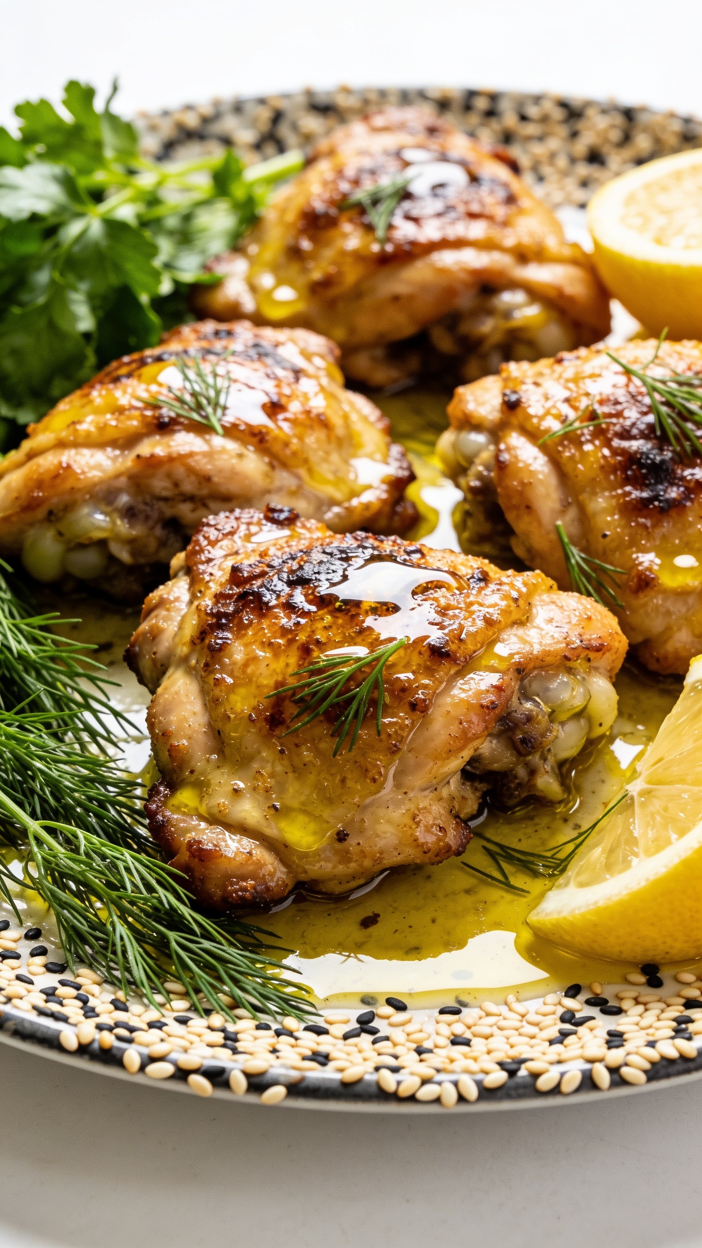 A stunning hero close-up of the finished High Protein Greek Chicken Thighs plated on a neutral plate, glistening with olive oil and lemon, with crispy, caramelized skin and juicy interior visible, fresh parsley specks on top, bright natural light, shallow depth of field, no hands or people, 90–95% of frame filled by the dish.