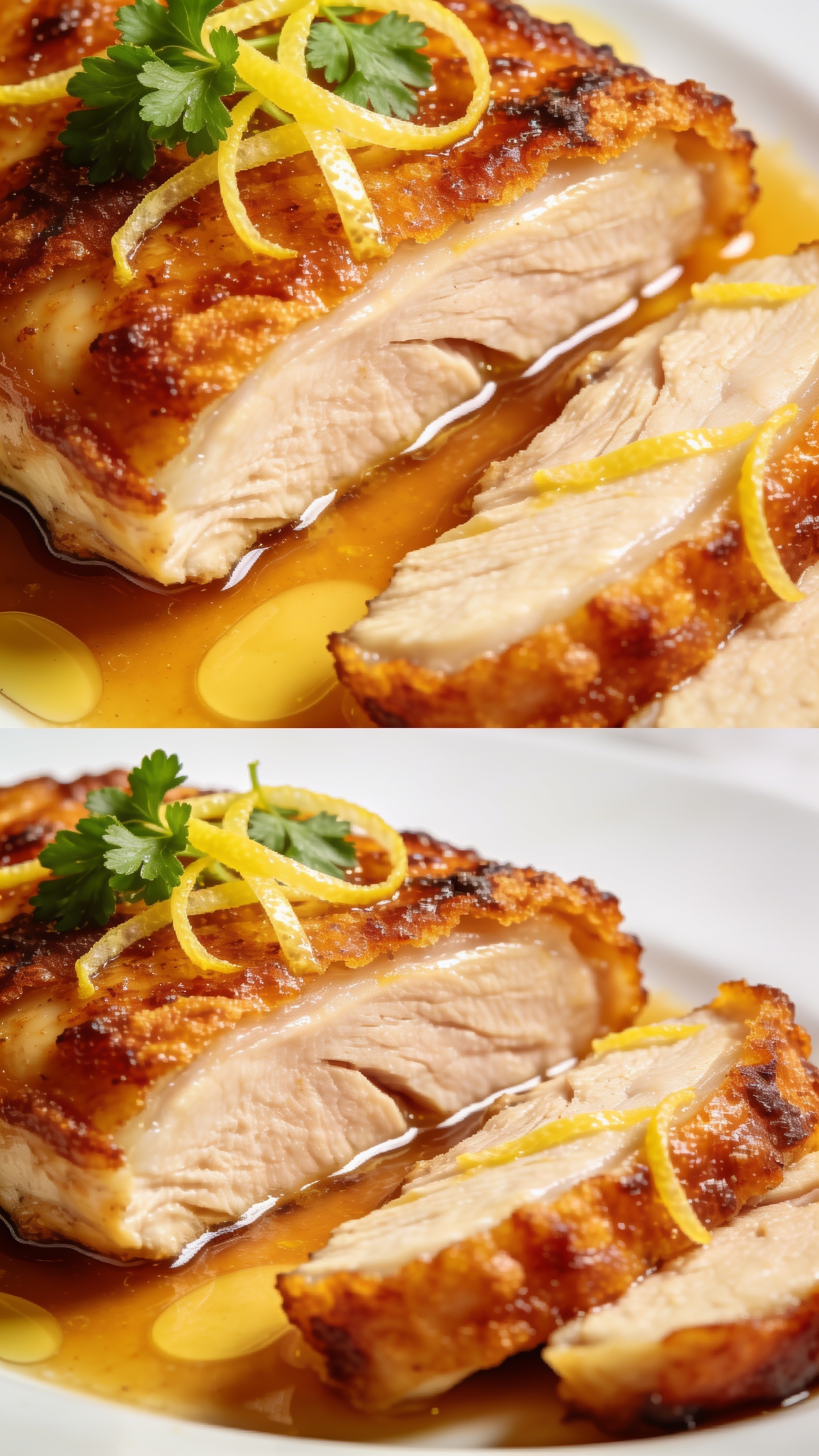Ultra-close, two alternate angles of the finished dish in the same shot style: 1) a top-down view emphasizing crispy edges, lemon zest, and parsley garnish with glossy sauce, 2) a slight three-quarter angle focusing on juicy interior beneath the crackly skin, both with vibrant colors, rich textures, and shallow depth of field, bright natural lighting, no text.