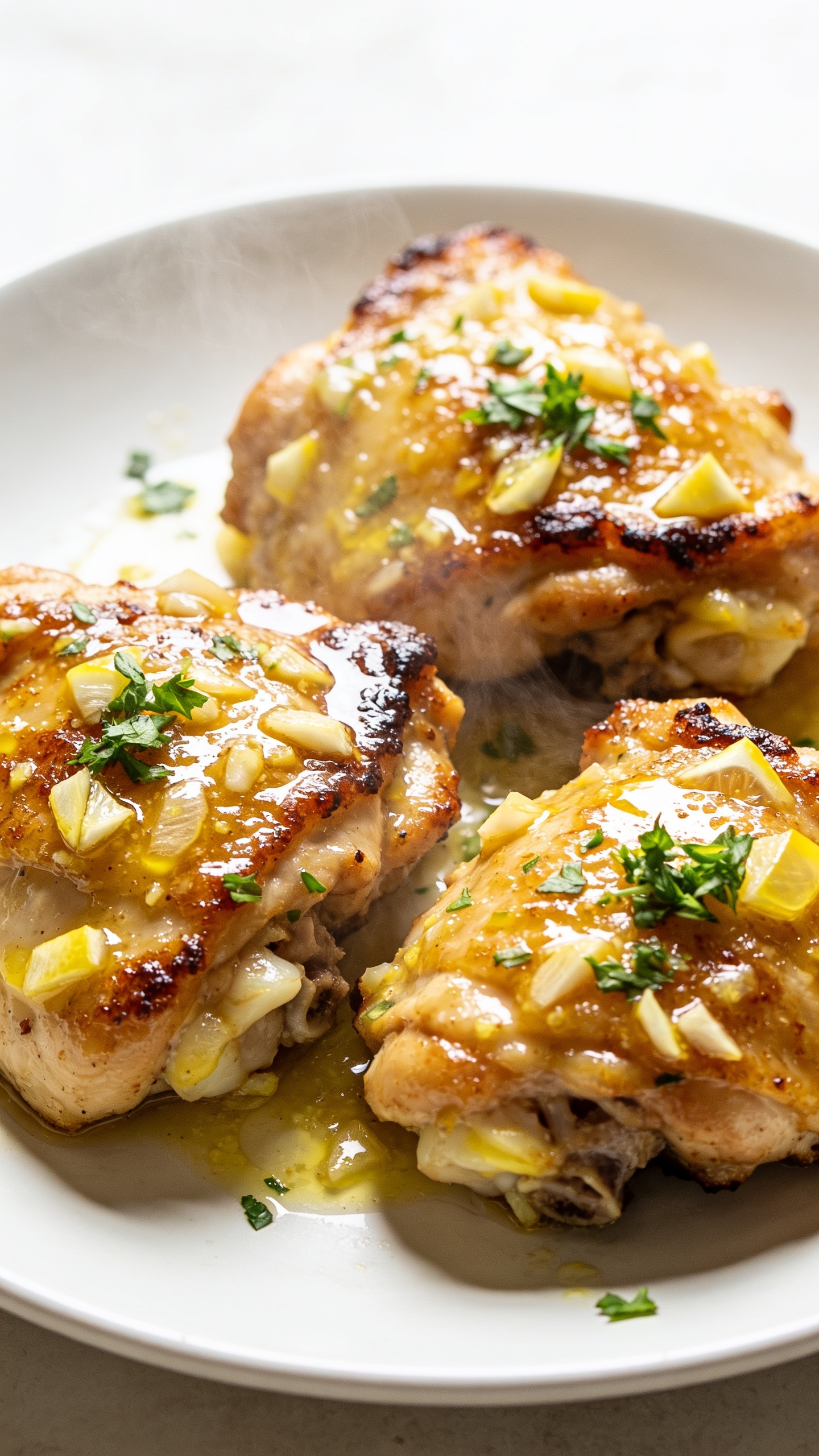 A dynamic close-up, 1 second before the perfect bite: a fork elevating a juicy, crackly-skinned chicken thigh with glossy lemon-garlic sauce dripping slightly, steam curling, herb specks catching the light, shallow depth of field, plate filling most of the frame, no hands or faces, bright natural styling.
