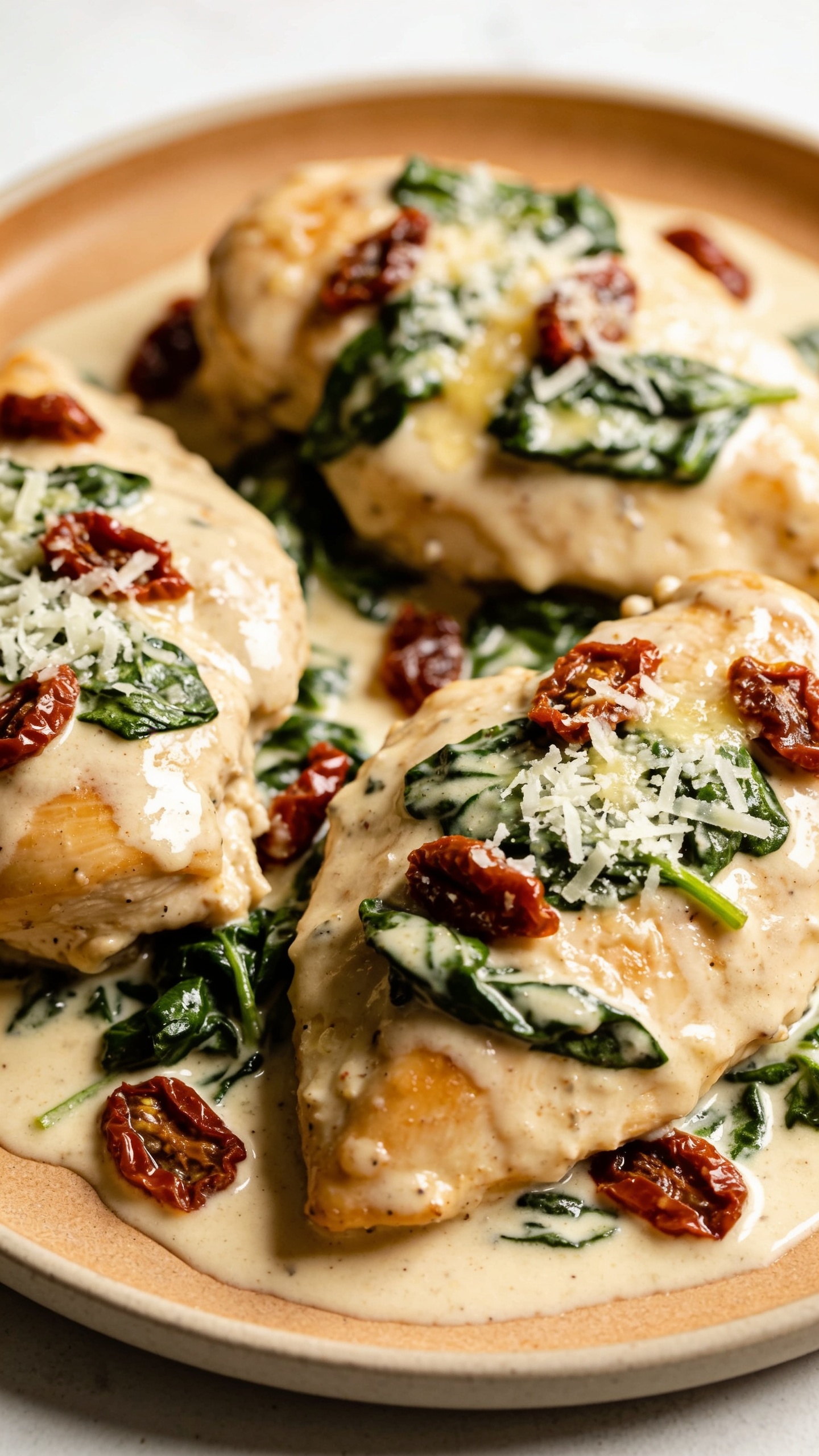 A stunning hero image of the finished High Protein Creamy Tuscan Chicken Thighs plated elegantly on a warm, neutral plate. The rich, glossy cream sauce coats the juicy chicken thighs, speckled with sun-dried tomatoes and wilted spinach, with shredded Parmesan lightly melted on top. Bright natural light accentuates the creamy texture and vibrant greens, minimal background, food occupies 90–95% of the frame, shallow depth of field.