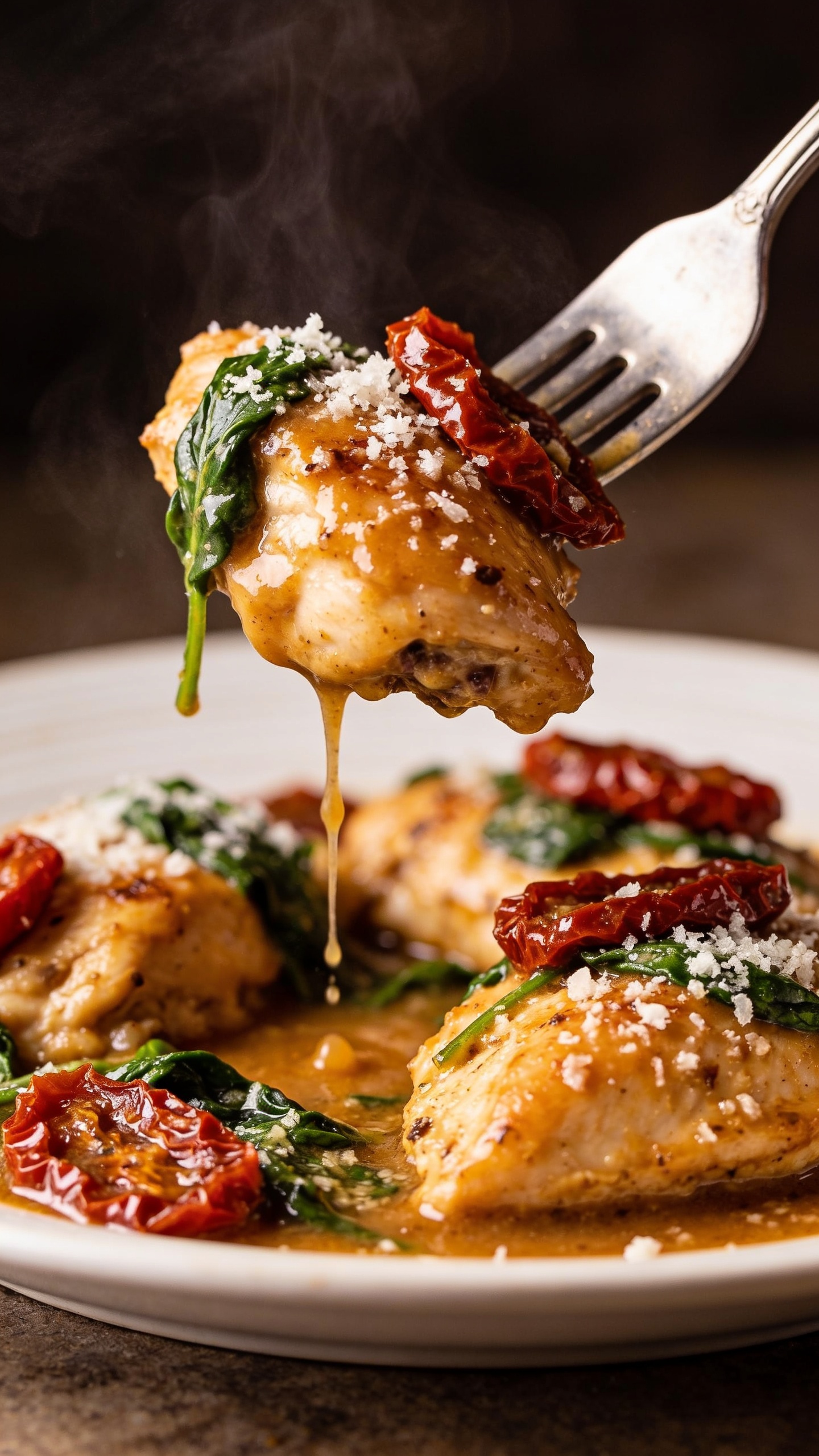 A dynamic close-up of the moment just before the perfect bite: a fork lifting a succulent chicken thigh from the plate, the glossy Tuscan sauce dripping slowly back onto the plate, sun-dried tomatoes and spinach visibly clinging to the meat, Parmesan snowing lightly over the surface, steam hints rising, rich colors, shallow depth of field, food filling 90–95% of frame, no hands visible.