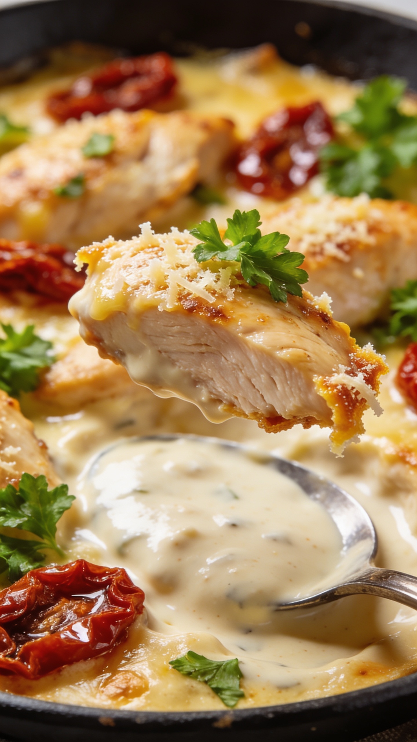A ultra-close, magazine-cover style second close-up from a slightly oblique angle: the finished dish with a generous spoonful of cream sauce and a bite-sized chicken piece lifted slightly, highlighting melted Parmesan edges and the bright green parsley garnish, sun-dried tomatoes glistening in the sauce, vibrant colors, premium food-blog styling, bright natural lighting, 90–95% food fill, shallow depth of field.