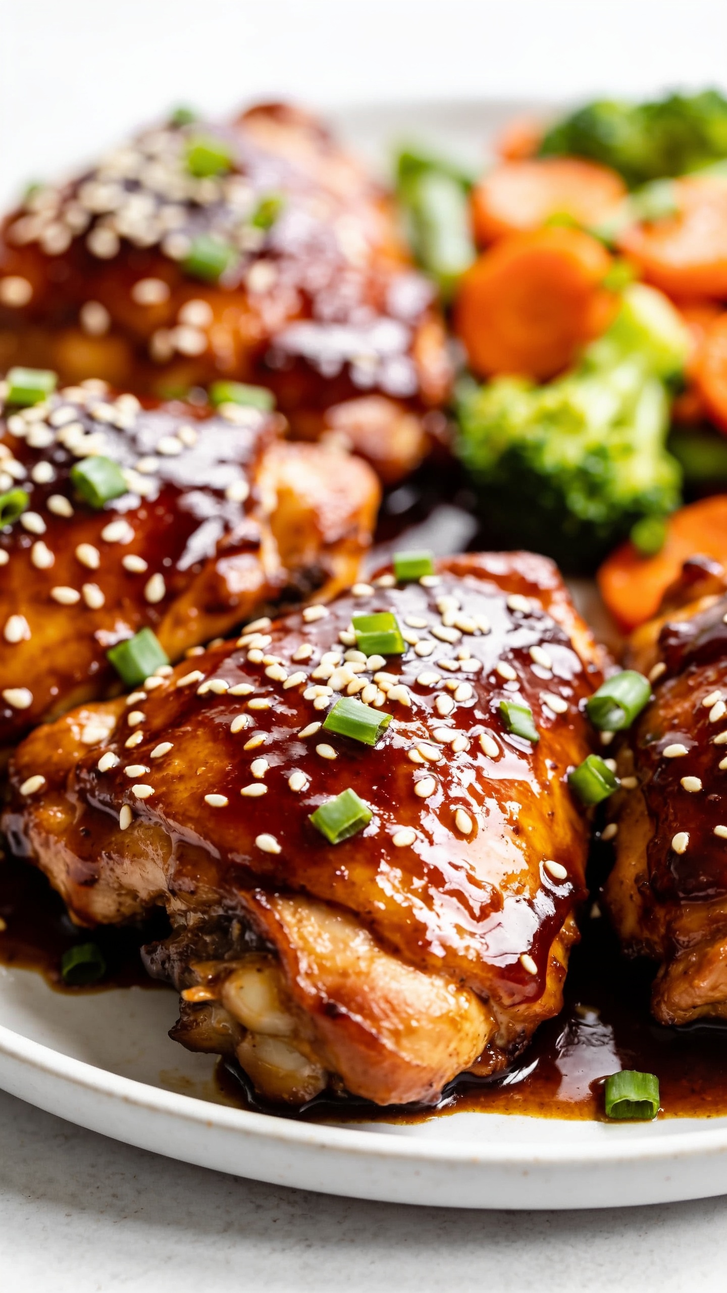 A stunning hero close-up of glossy teriyaki chicken thighs plated beautifully, with a rich caramel glaze coating each thigh, sesame seeds and chopped green onions lightly scattered on top, vibrant steamed vegetables in the background, bright natural lighting, shallow depth of field, the finished recipe filling 90–95% of the frame, no text, food-looking as if photographed in a premium food blog shoot.