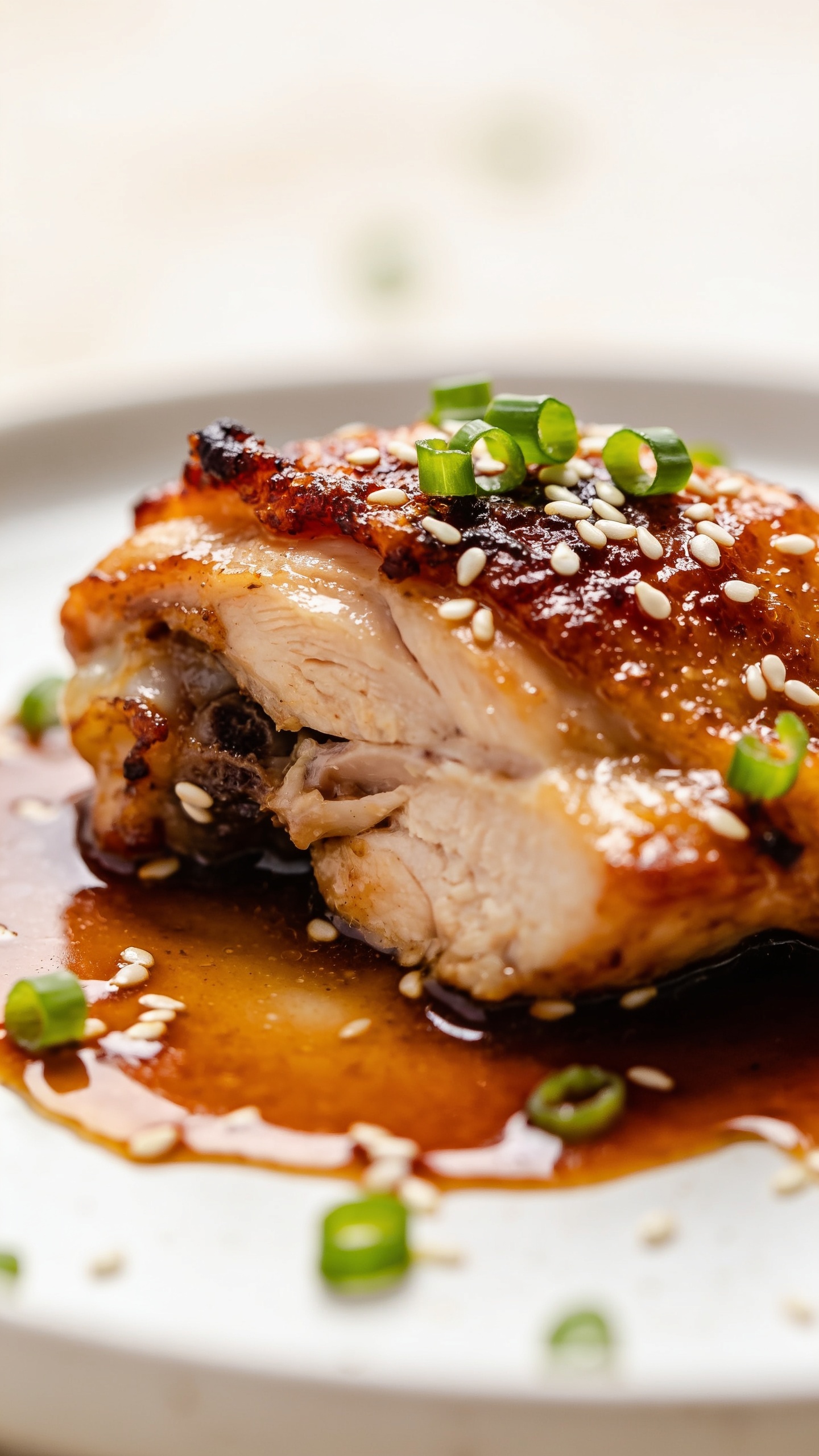 Ultra-close close-up of the finished dish from a slightly angled top-down perspective, focusing on the crispy caramelized edges and juicy interior of the chicken thigh, sauce pooling around, sesame seeds and green onions sprinkled, vibrant colors of the glaze and garnish, shallow depth of field with a creamy background bokeh, bright natural lighting, 90–95% food fill, no text.