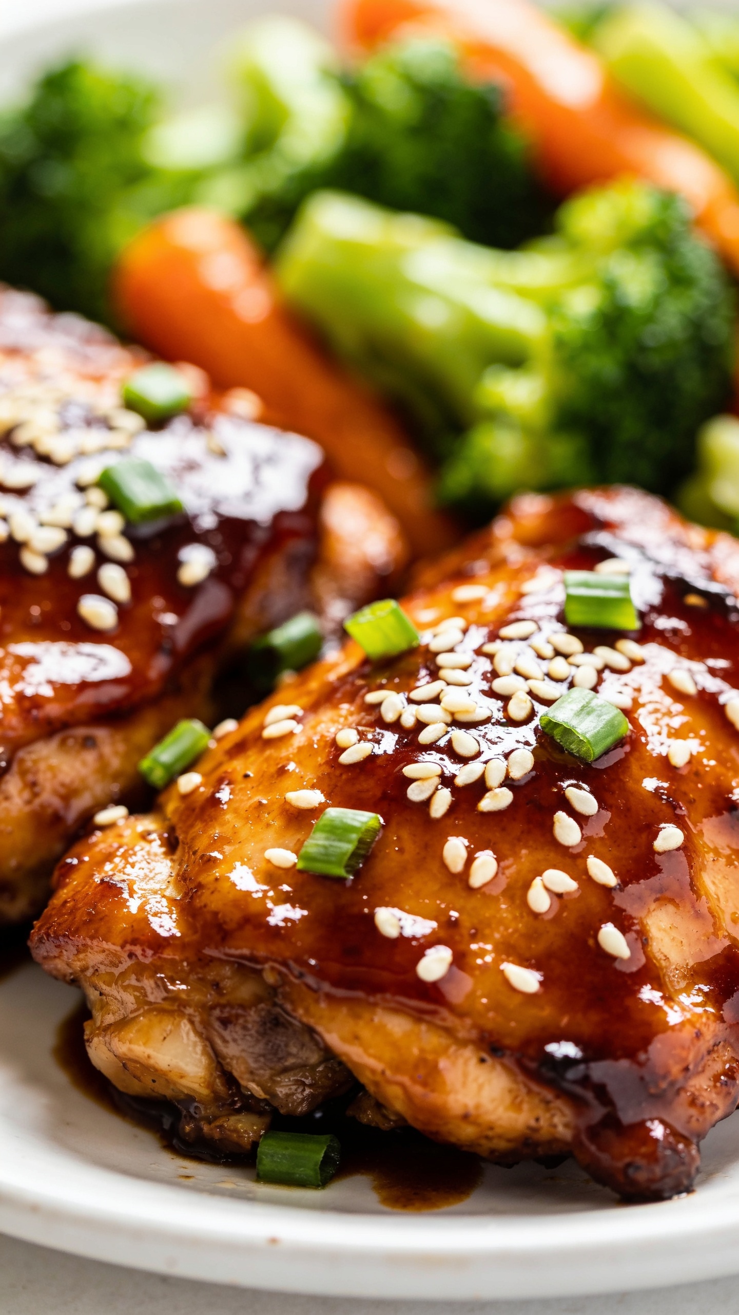 A dynamic close-up action shot as a wooden chopstick lifts a perfectly glazed thigh bite from the plate, sauce visibly glistening on the meat, steam just starting to rise, the glossy glaze catching the light, 90–95% food fill, shallow depth of field, bright natural lighting, no hands or faces visible, single moment frozen just before the bite.