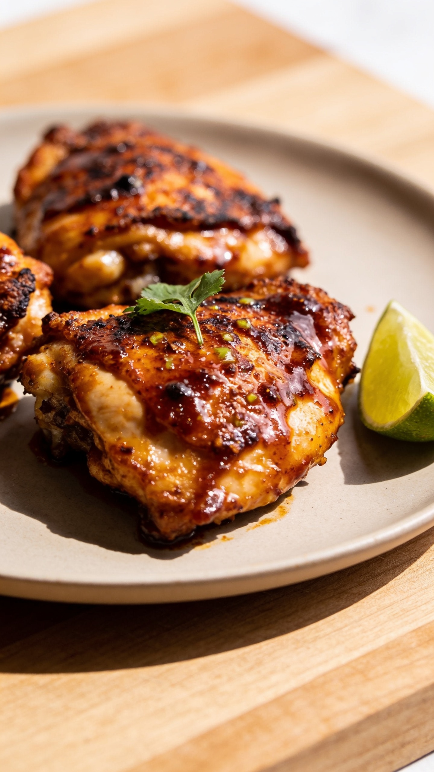 A stunning hero shot of the finished High Protein Chipotle Lime Chicken Thighs plated on a clean, neutral plate. The chicken thighs are juicy and charred with a glossy chipotle-lime glaze, garnished with a small sprig of cilantro and a lime wedge on the side. The plate sits on a light wooden table with natural sunlight, shallow depth of field, and rich textures visible in the crispy edges and moist interior, no people or hands in frame.