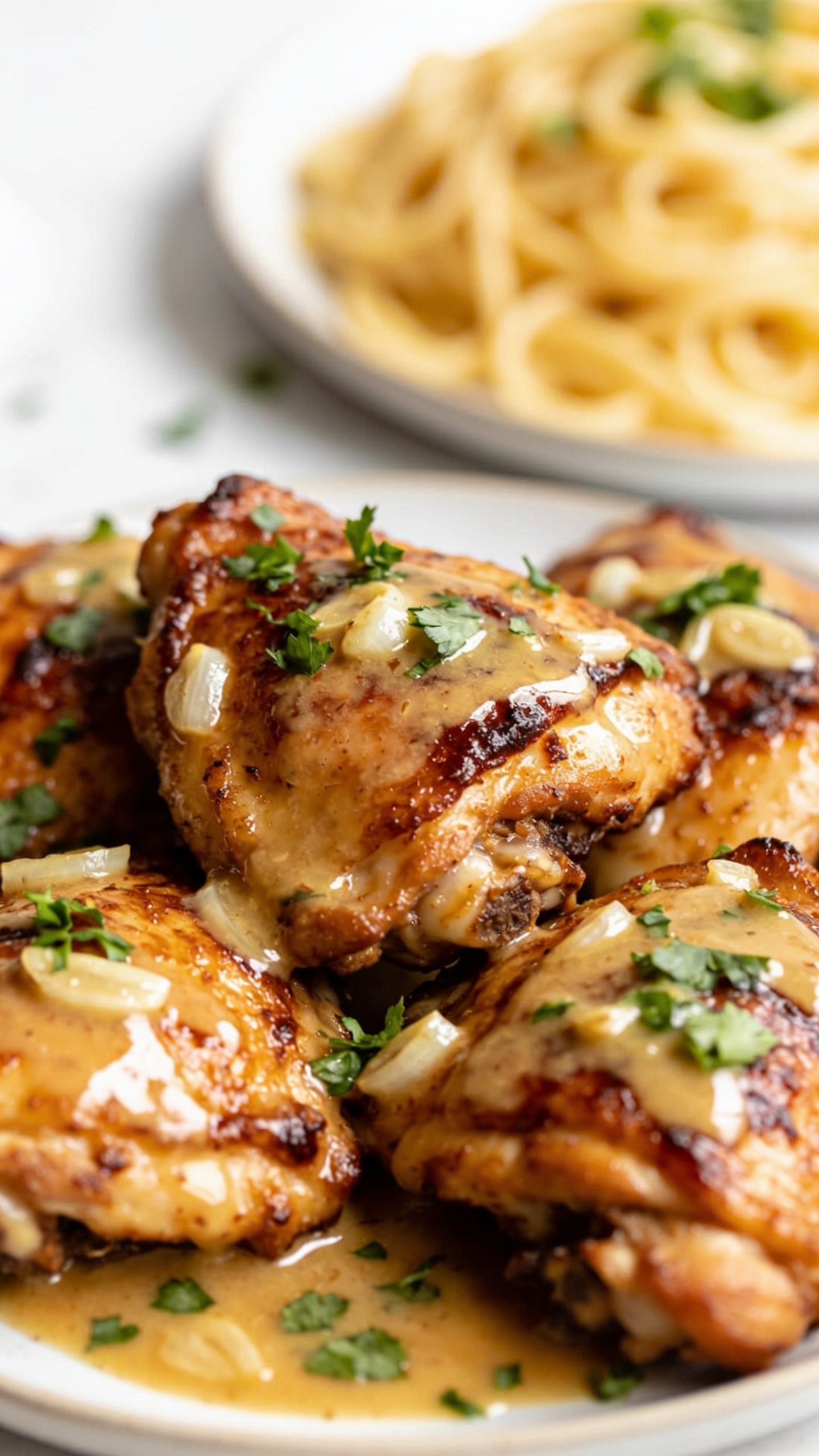 A stunning hero close-up of the finished High Protein Garlic Butter Chicken Thighs plated showpiece: crispy, lacquered bone-in chicken thighs with golden-brown skin, napped in glossy garlic butter sauce, scattered parsley, al dente plate in the background, bright natural light, shallow depth of field, food filling 90–95% of frame, studio-quality food styling, no hands or people visible.