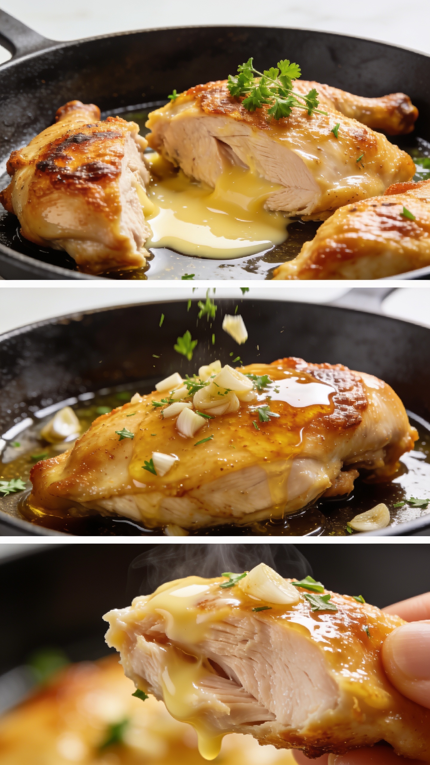 Three additional ultra-close-up angles of the same finished dish in a premium food-blog style:
- angle A: crispy skin and tender interior with butter-rich glaze pooling around the chicken, fresh parsley micro-detail, bright natural light, shallow depth of field
- angle B: a vertical shot focusing on the sauce-glaze sheen and garlic bits, herbs sprinkling into the dish, high-detail texture
- angle C: a macro capture of the juicy bite with steam and glossy surface, color pops of golden chicken, garlic butter, and herbs, studio-lit, 90–95% frame coverage