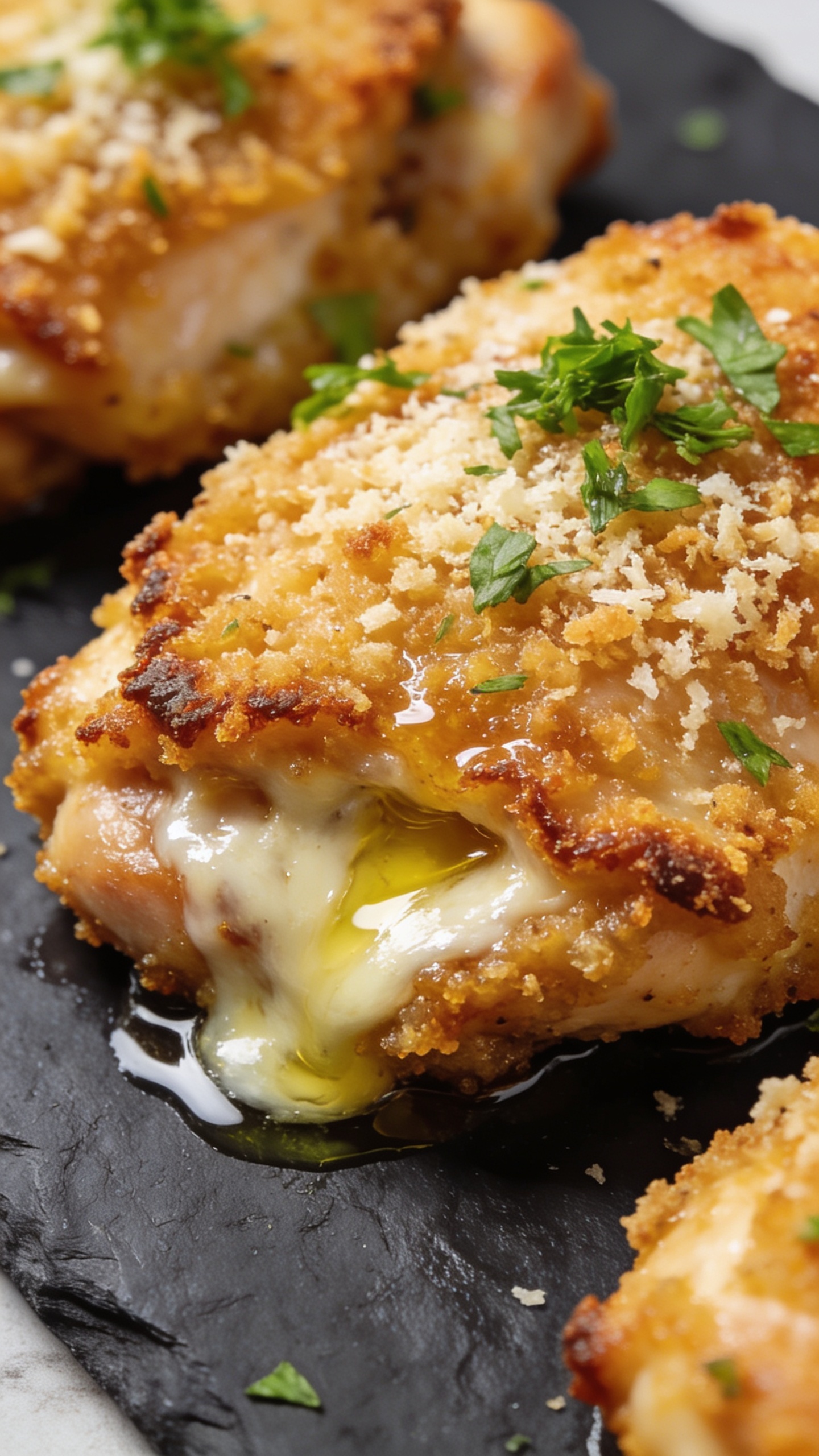 A stunning hero close-up of finished High Protein Parmesan Crusted Chicken Thighs plated on a dark slate with a glistening parmesan crust, crisp edges, melted cheese visible at the crust, a light drizzle of olive oil sheen, vibrant green herbs sprinkled on top, and natural bright daylight from the side; no hands or people, food filling 90â95% of the frame, ultra sharp focus on texture.