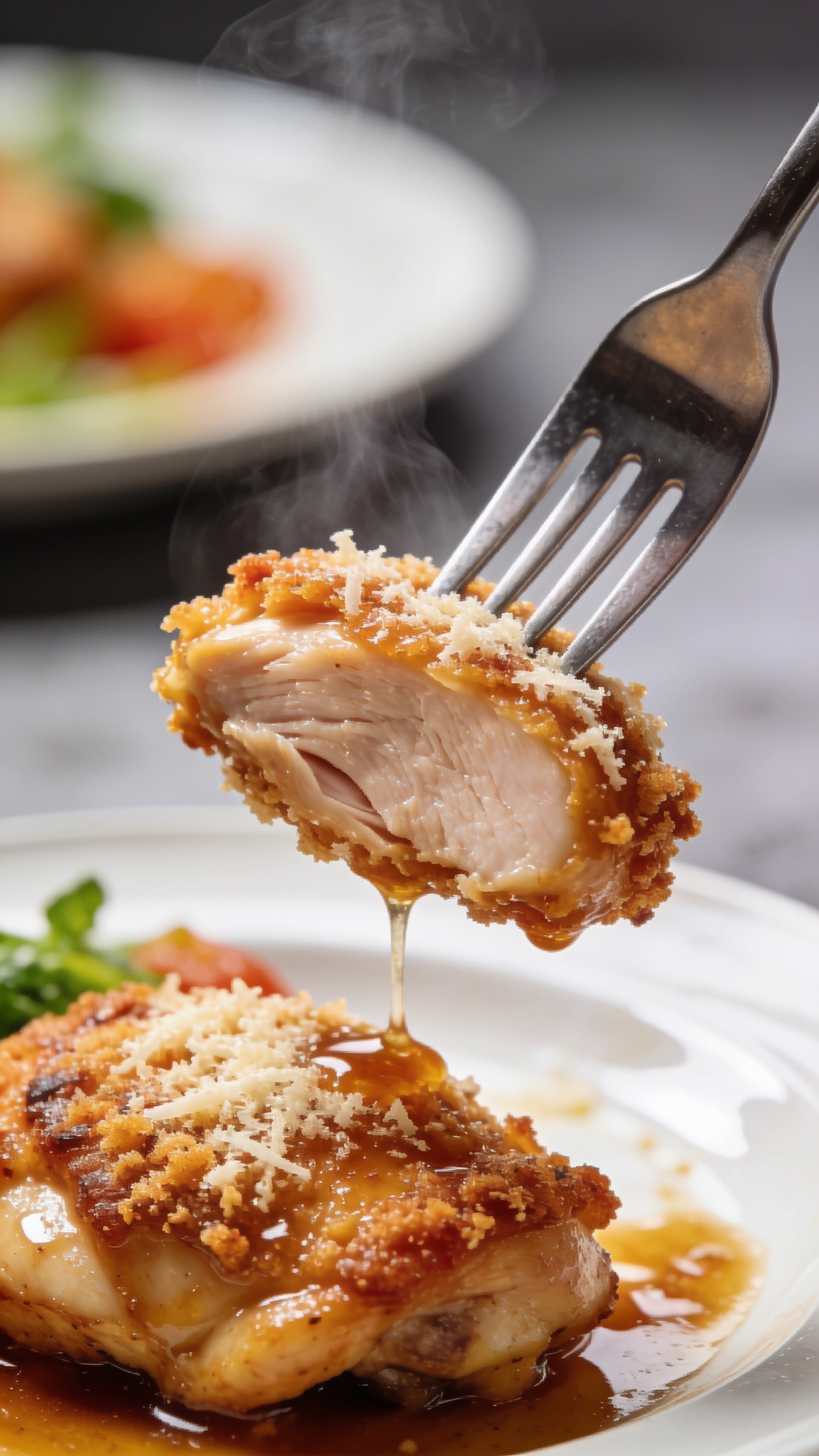 A dynamic close-up action shot: a fork lifting the perfect bite of juicy chicken thigh with crispy parmesan crust, steam slightly rising, glossy sauce catching the light, shallow depth of field with blurred plate background, 90â95% food fill, no hands, bright natural lighting.