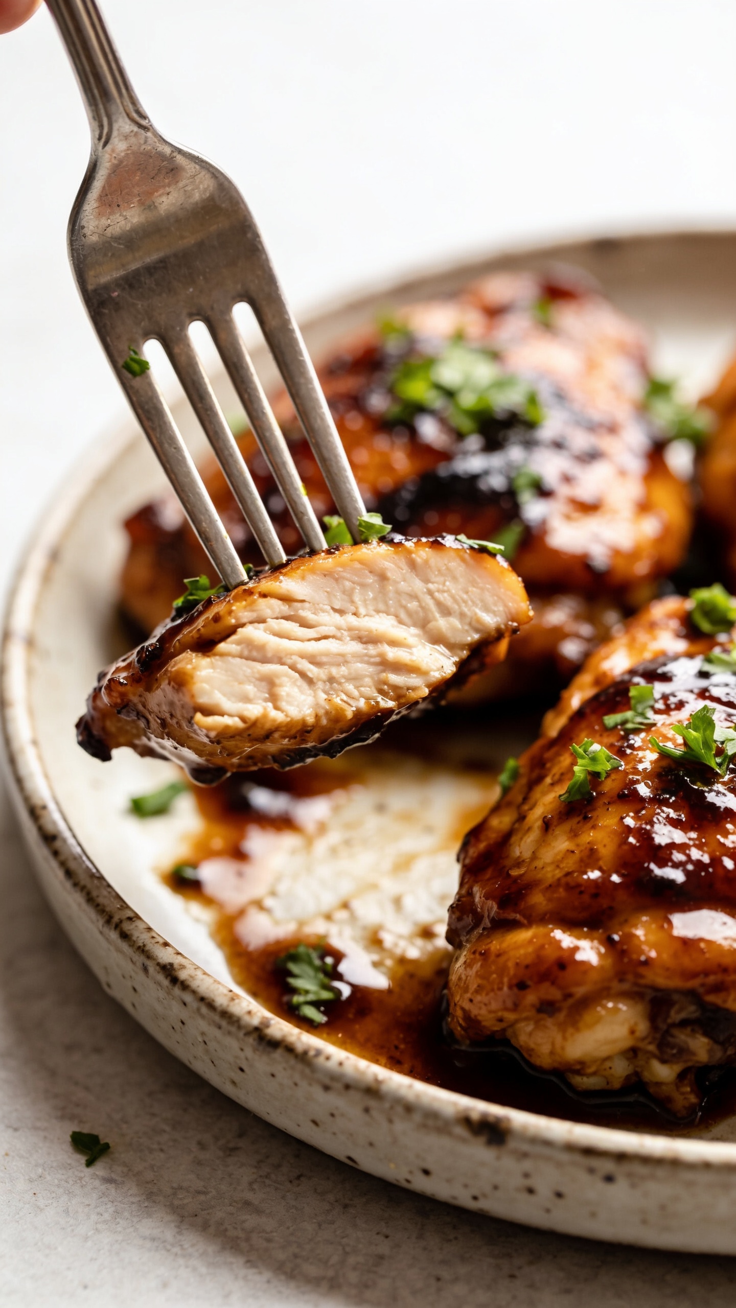 A stunning hero shot of the finished High Protein Balsamic Chicken Thighs on a rustic plate, glossy caramelized glaze clinging to juicy, perfectly seared chicken thighs, vibrant green parsley flecks on top, a soft-focus neutral backdrop, natural bright light, 1-second-before-mouth moment with a fork poised to lift the perfect bite, no text, food filling 90-95% of frame.