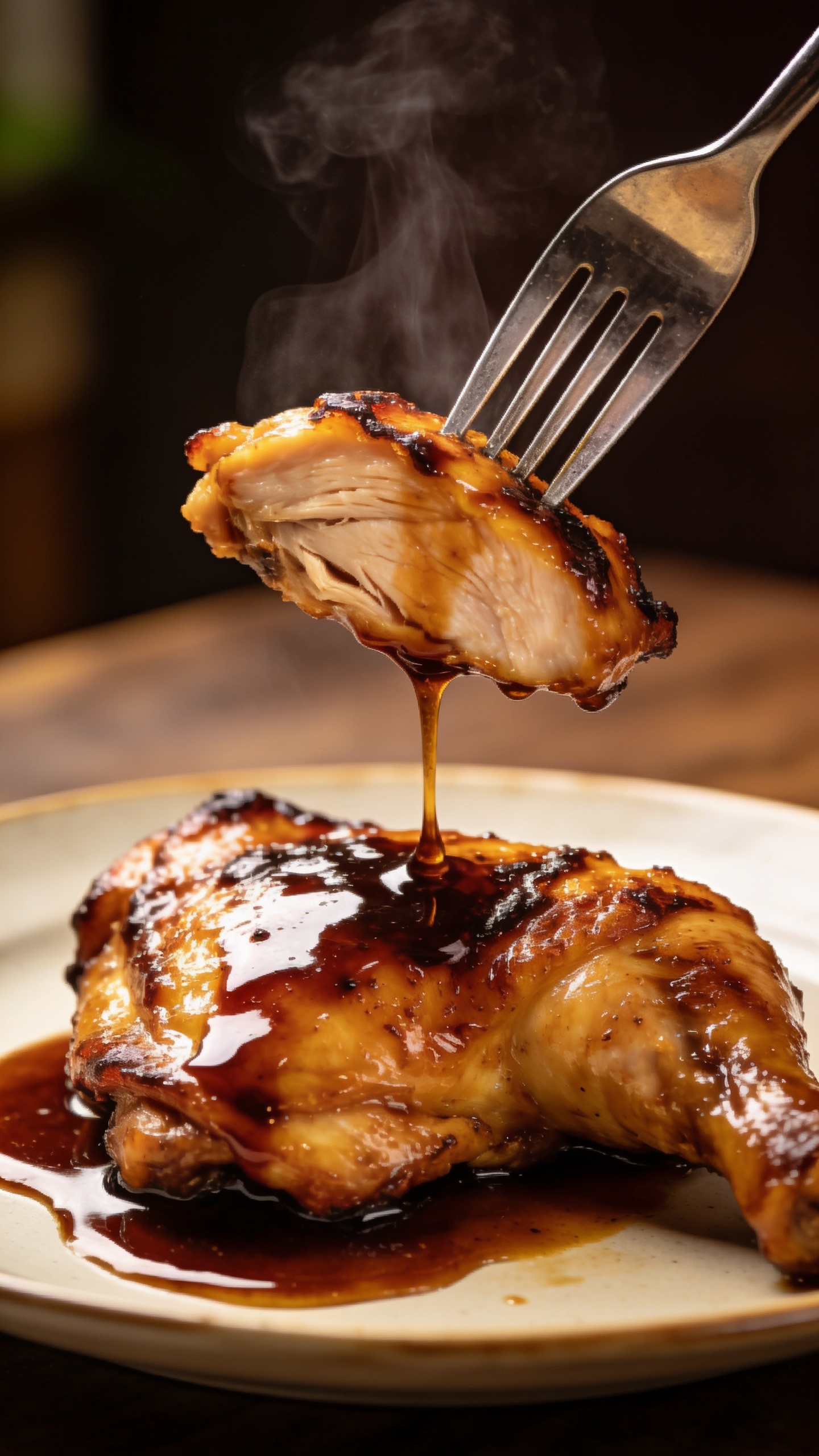 Close-up action shot capturing the most irresistible moment: a fork lifting a tender, balsamic-glazed chicken thigh from the plate, glossy sauce dripping in a slow, tantalizing strand, steam hints rising, rich textures and caramelized edges emphasized, shallow depth of field, natural daylight, no hands or faces in frame, food dominating 90-95%.