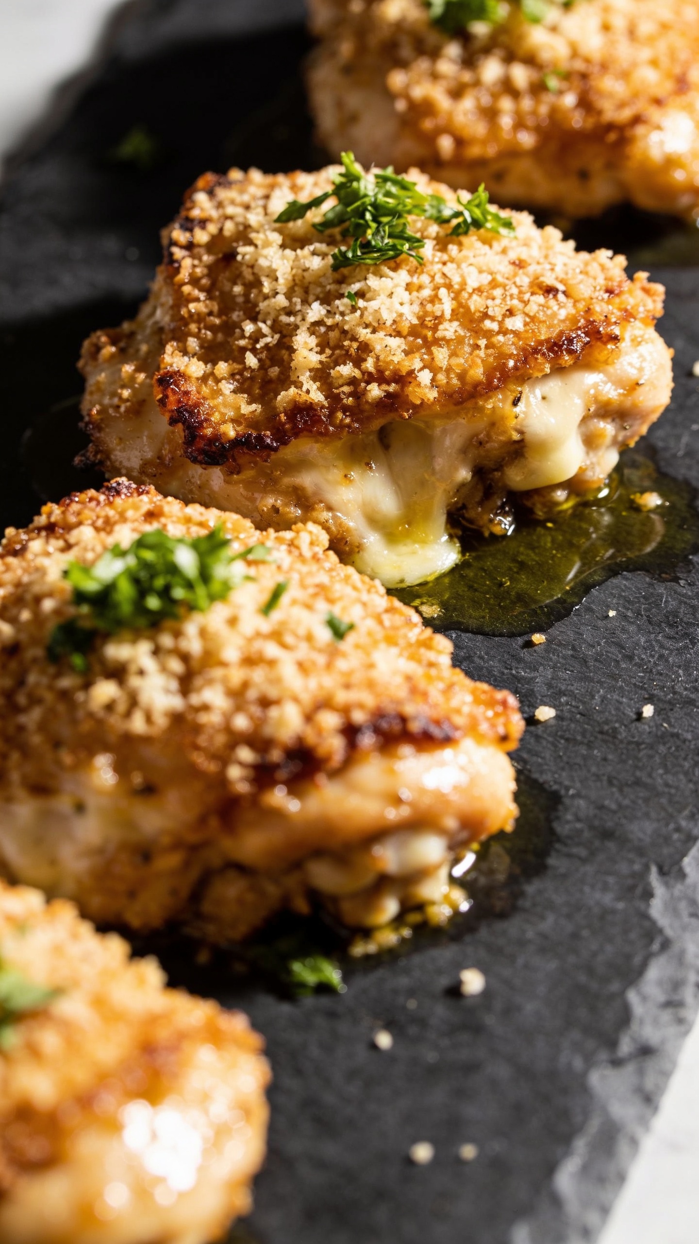 A trio-shot close-up sequence: top-down view of the finished dish from a shallow depth of field, highlighting juicy interior under a crackled parmesan crust, glossy sauce sheen, parmesan shavings and fresh herbs falling onto the dish, vivid colors, premium food-blog styling, 90â95% food fill, bright natural light.