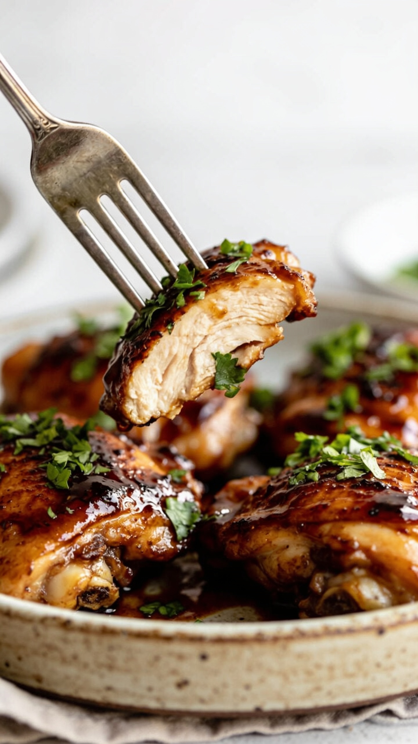 Another extreme close-up from a slightly lower angle, focusing on the juicy interior and sauce-coated exterior: a slice of chicken showing moist, pink-tinged center or thick meat with a shimmering glaze, fresh parsley scattered, crispy edges visible, bright natural lighting, premium food-blog styling, shallow depth of field, 90-95% food fill, no text or human elements.