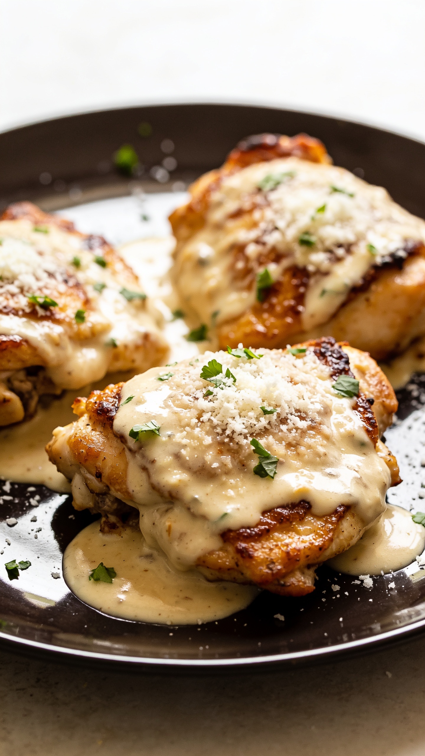 A stunning hero shot of the finished High Protein Creamy Garlic Chicken Thighs plated on a dark, glossy plate. The skillet-to-plate transfer shows thick, velvety garlic cream sauce coating each browned skin-on thigh, parmesan snow, and a sprinkle of chopped parsley. Natural bright light highlights the glossy sauce, rich textures, and crispy edges, with the dish centered and edge-soft to blur the background just enough to pop the golden chicken.