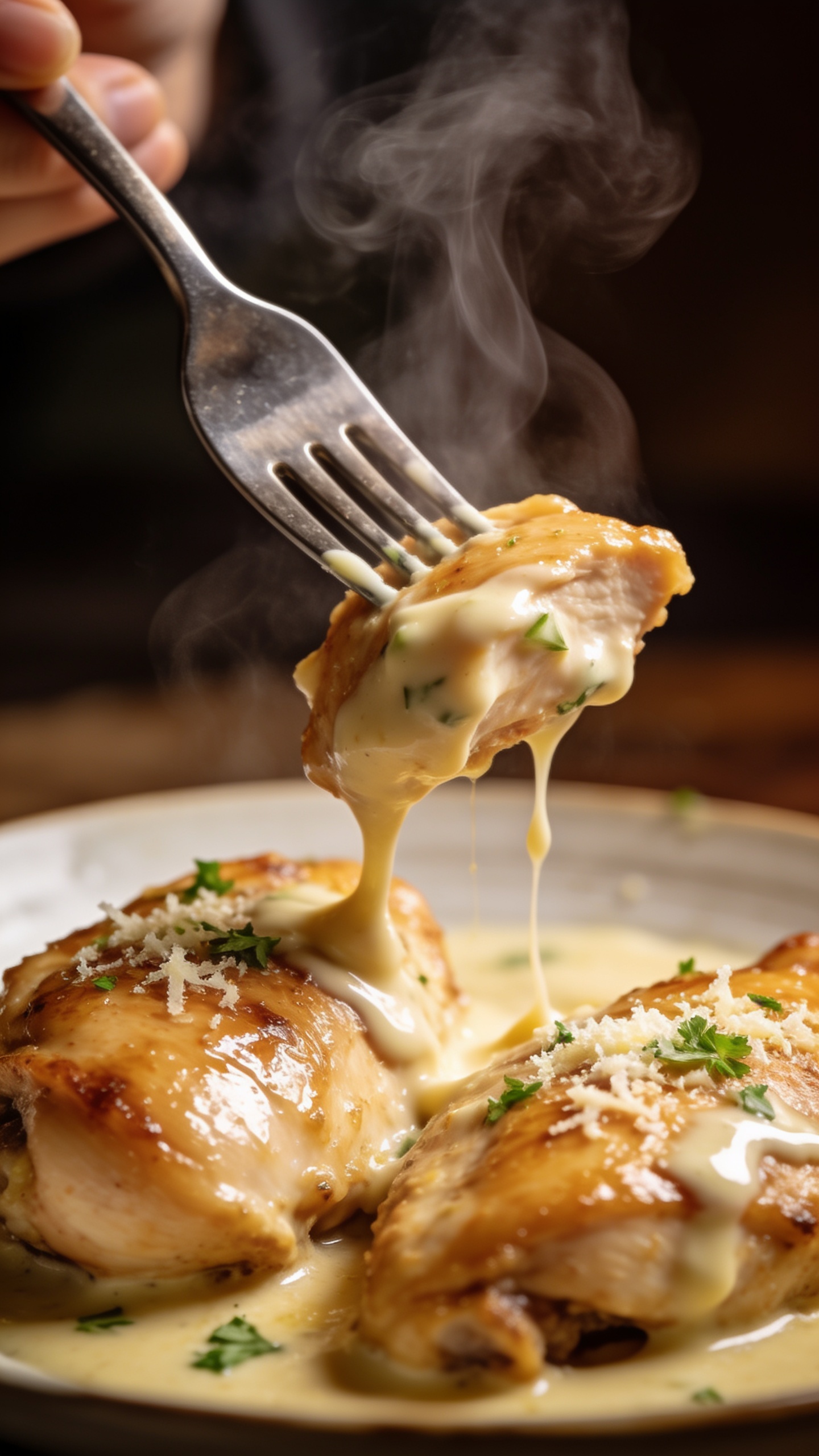 A dynamic close-up of the perfect bite moment, with a fork lifting a succulent chicken thigh from the plate. The fork gently catches a piece, skin glistening with creamy garlic sauce that clings to the fork tines; steam curls upward, sauce ribbons lightly trailing, and a hint of parmesan and parsley dusting the surface. The image fills the frame with juicy texture and glossy sheen, hands and other elements excluded.