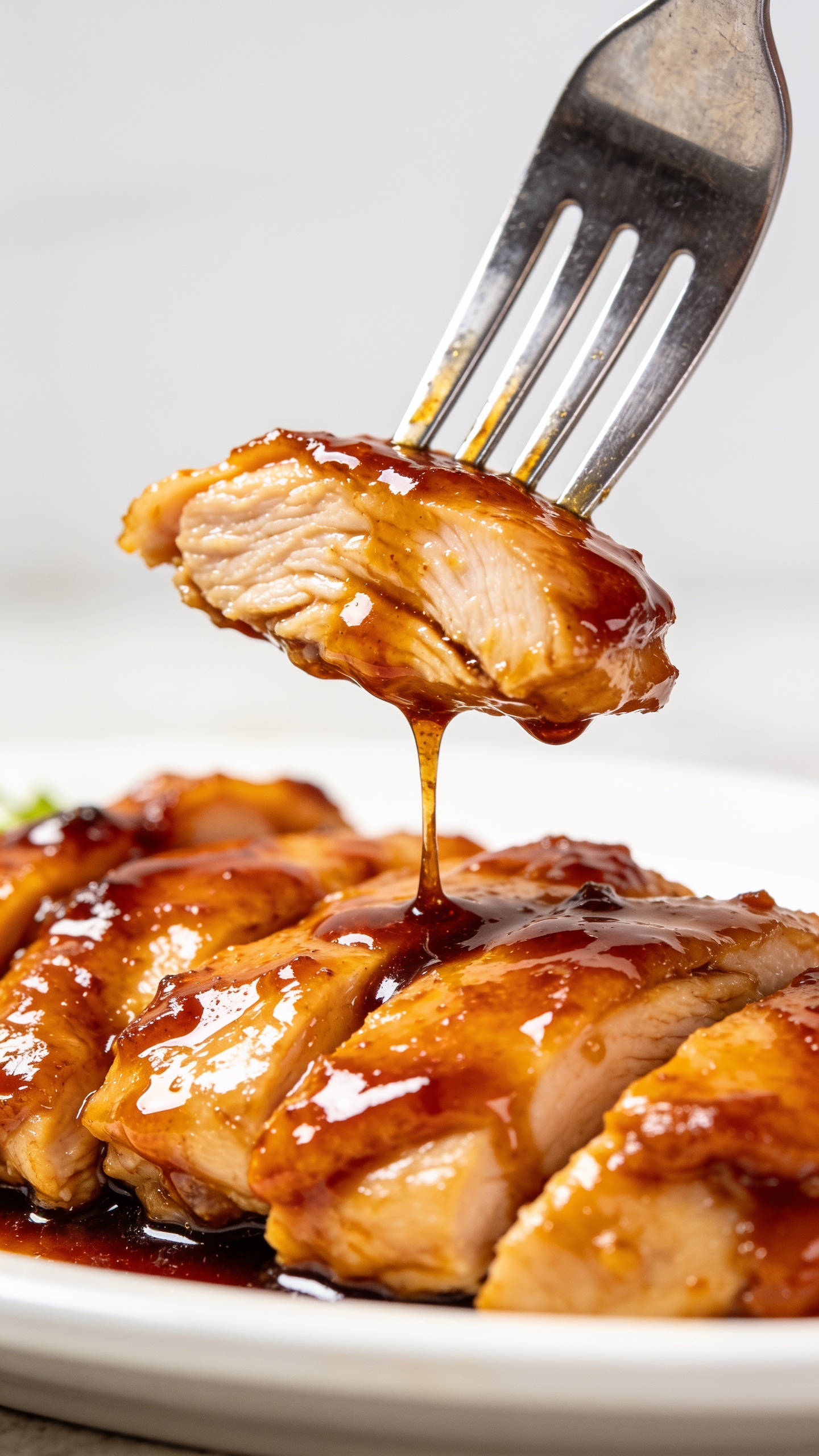 A dynamic close-up action moment: a fork lifts the perfect bite of the finished dish, with glossy sauce dripping back onto the plate. The bite shows juicy chicken, sticky glaze, and a glistening sheen. Only the fork and bite are visible, no hands or faces. Bright natural lighting, shallow depth of field, premium food-blog styling, plate filling most of the frame.
