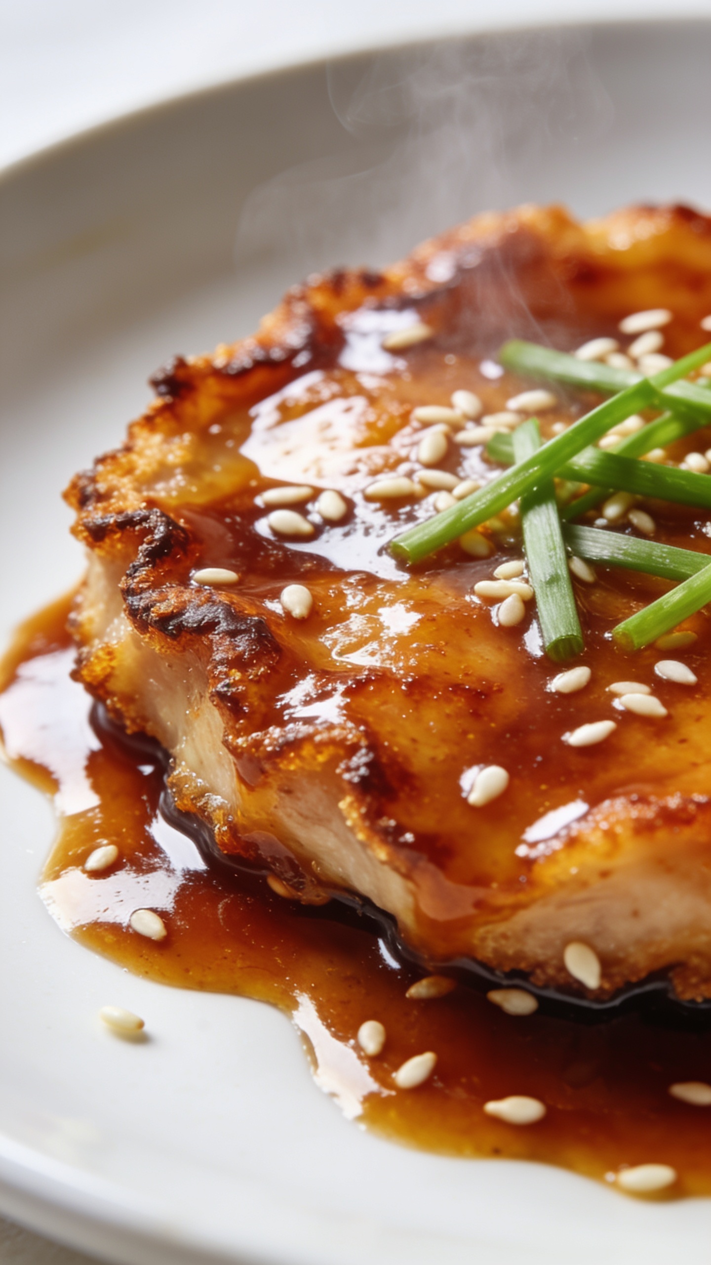 An extreme close-up from a slightly angled side view focusing on the surface of the finished dish: crispy edges, glossy caramelized glaze, sesame seeds, and thin green onion threads scattered on top. The sauce looks viscous and rich, steam faintly visible, vibrant colors and textures emphasized. No utensils, hands, or people; bright natural light, shallow depth of field, professional food photography aesthetic.