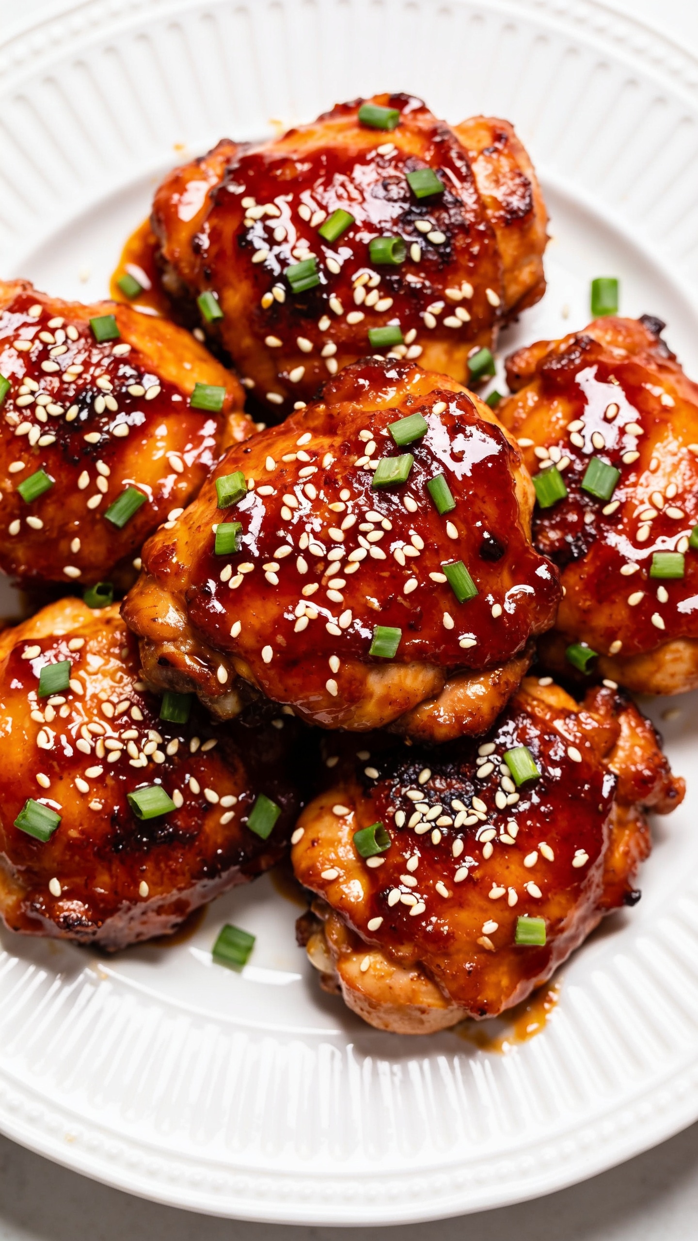 A stunning hero image of the finished High Protein Sweet Chili Chicken Thighs plated beautifully on a glossy white plate, thick sticky glaze glistening over perfectly seared chicken thighs, sesame seeds and chopped green onions sprinkled on top, vibrant colors, bright natural lighting, shallow depth of field, the plate centered and taking up most of the frame, no hands or people visible.