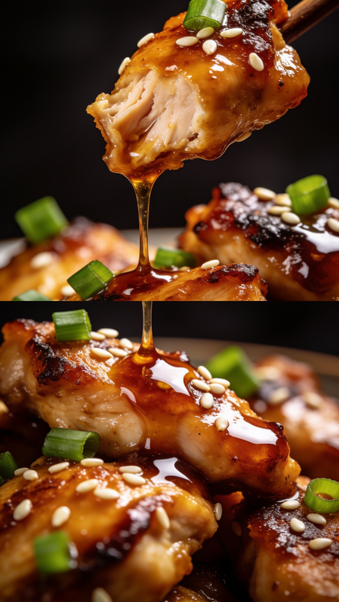 A series of two ultra-close, moody macro angles of the finished dish: one focusing on the juicy, caramelized edges of the chicken, glaze pooling and highlights, sesame seeds and green onions providing contrast; the other focusing on the glossy glaze dripping slowly from a bite-sized piece, both images with vibrant colors, premium food-blog styling, bright natural light, shallow depth of field, food filling 90–95% of the frame, no text, no people.